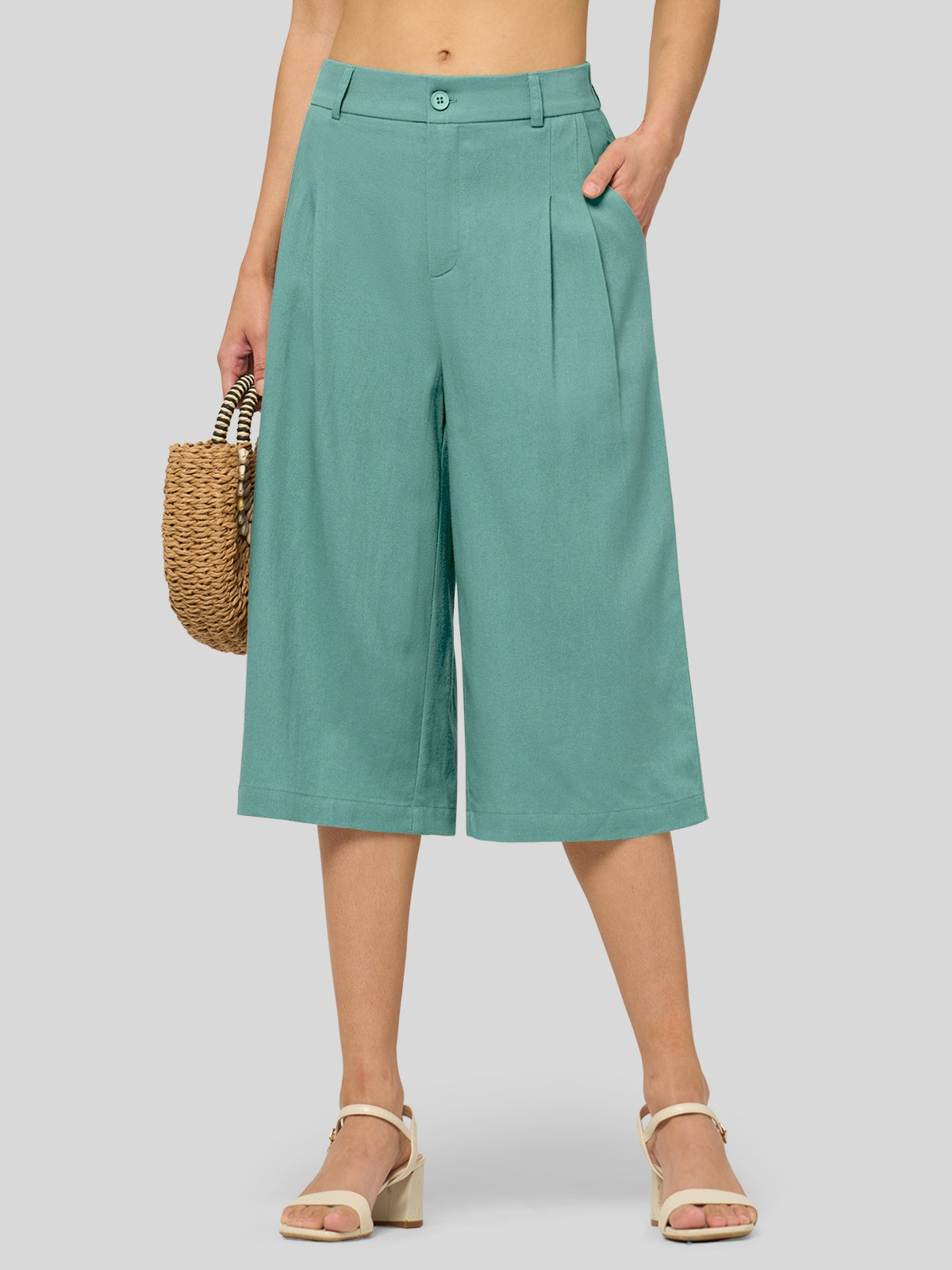 Women's Cotton Linen Wide-Leg Capri Pants