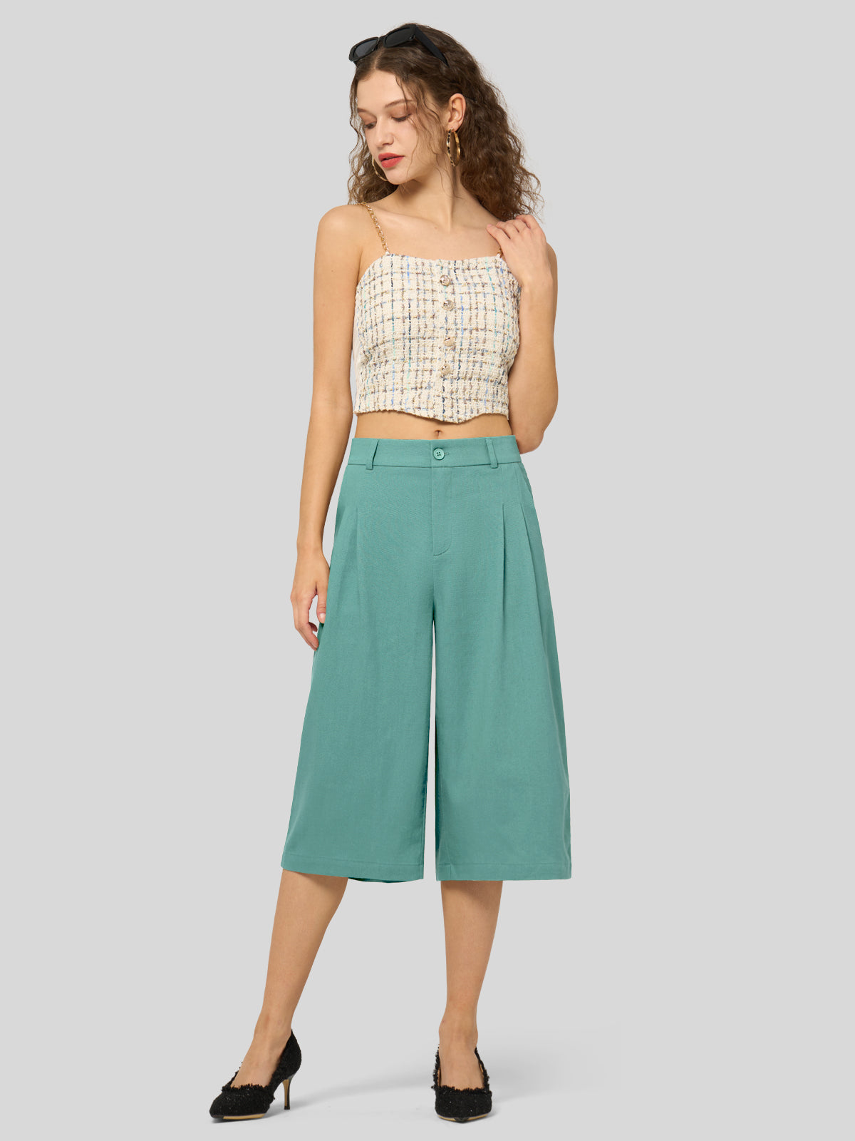 Women's Cotton Linen Wide-Leg Capri Pants