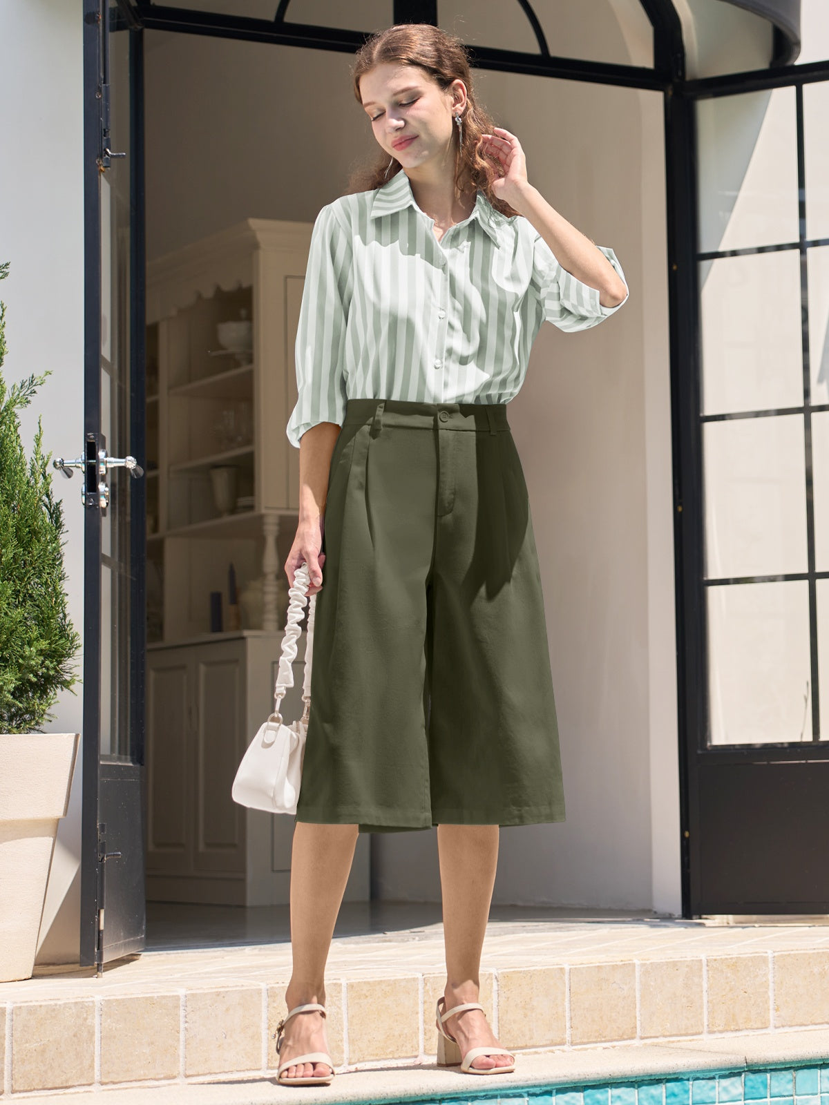 Women's Cotton Linen Wide-Leg Capri Pants