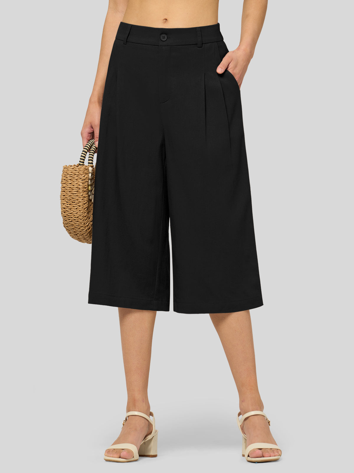 Women's Cotton Linen Wide-Leg Capri Pants