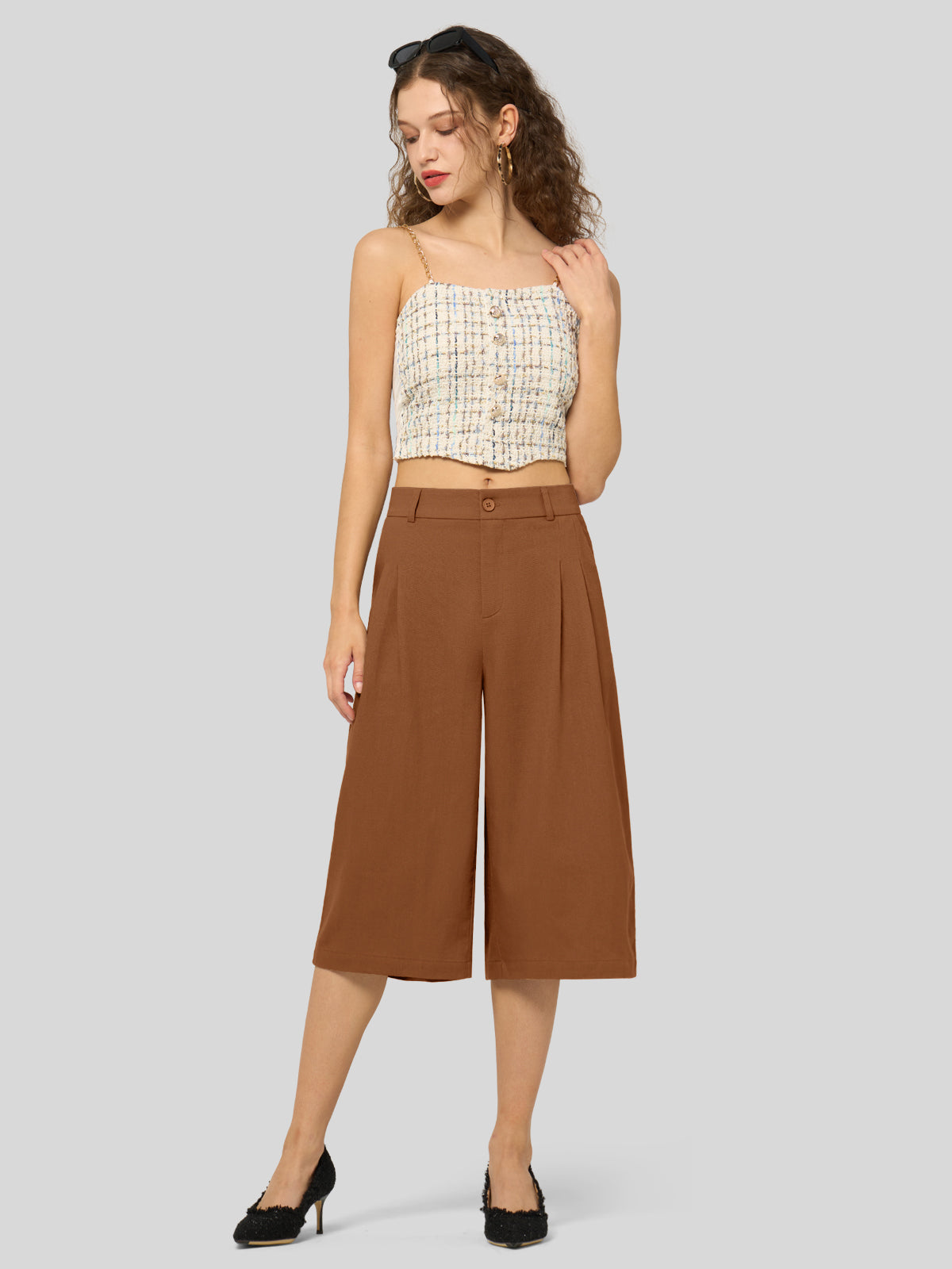 Women's Cotton Linen Wide-Leg Capri Pants