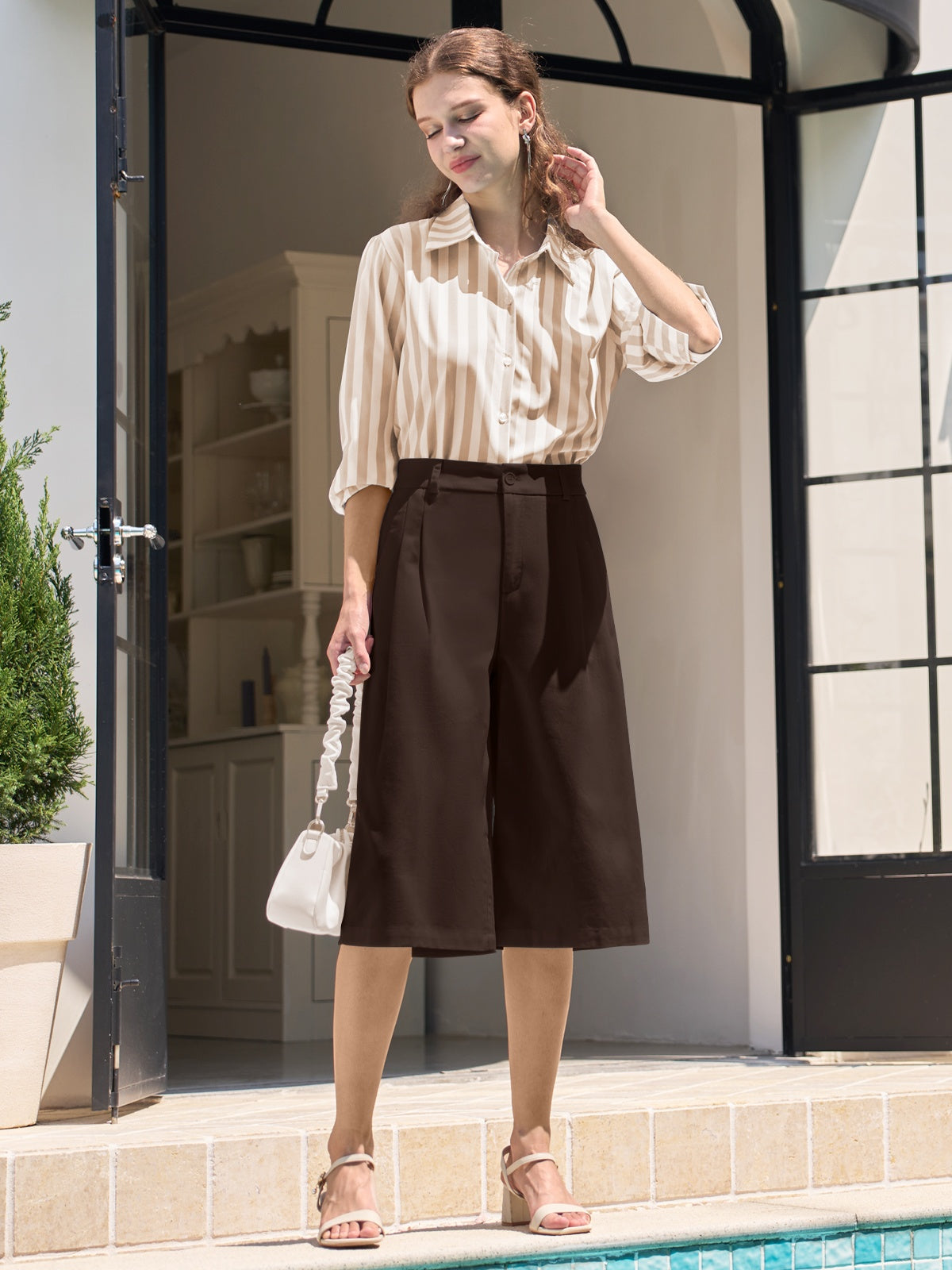 Women's Cotton Linen Wide-Leg Capri Pants