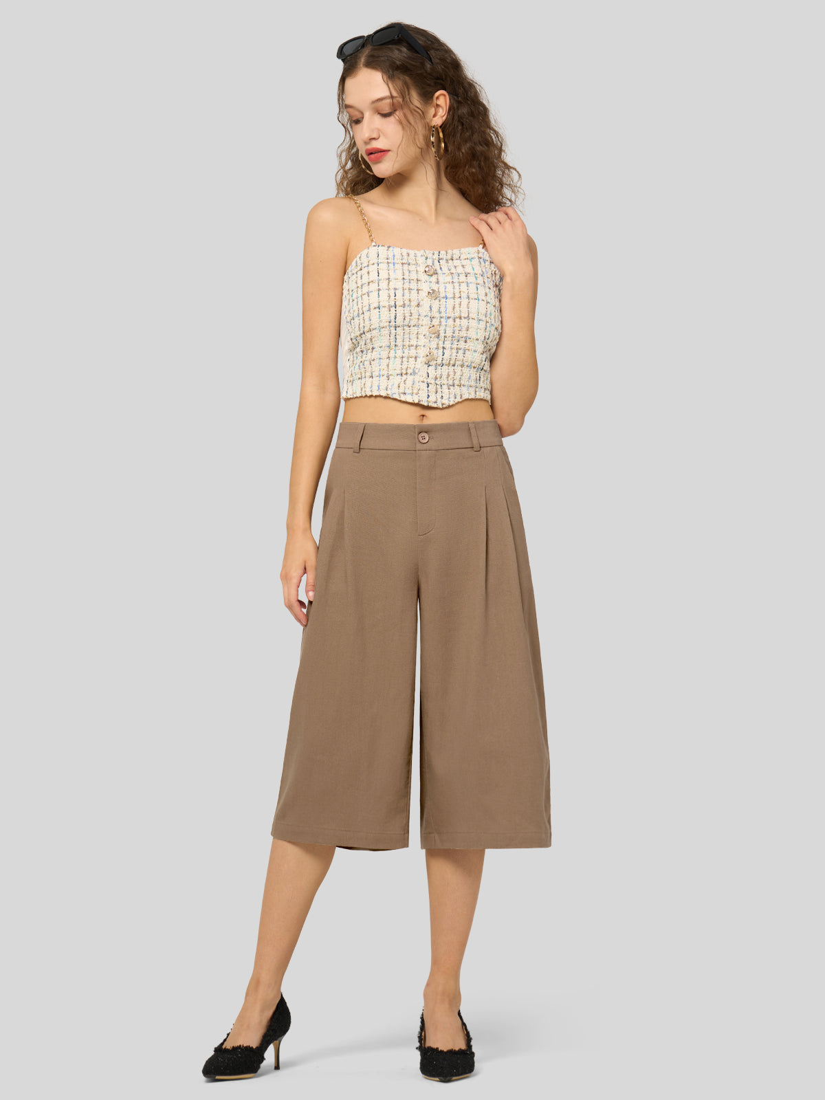 Women's Cotton Linen Wide-Leg Capri Pants
