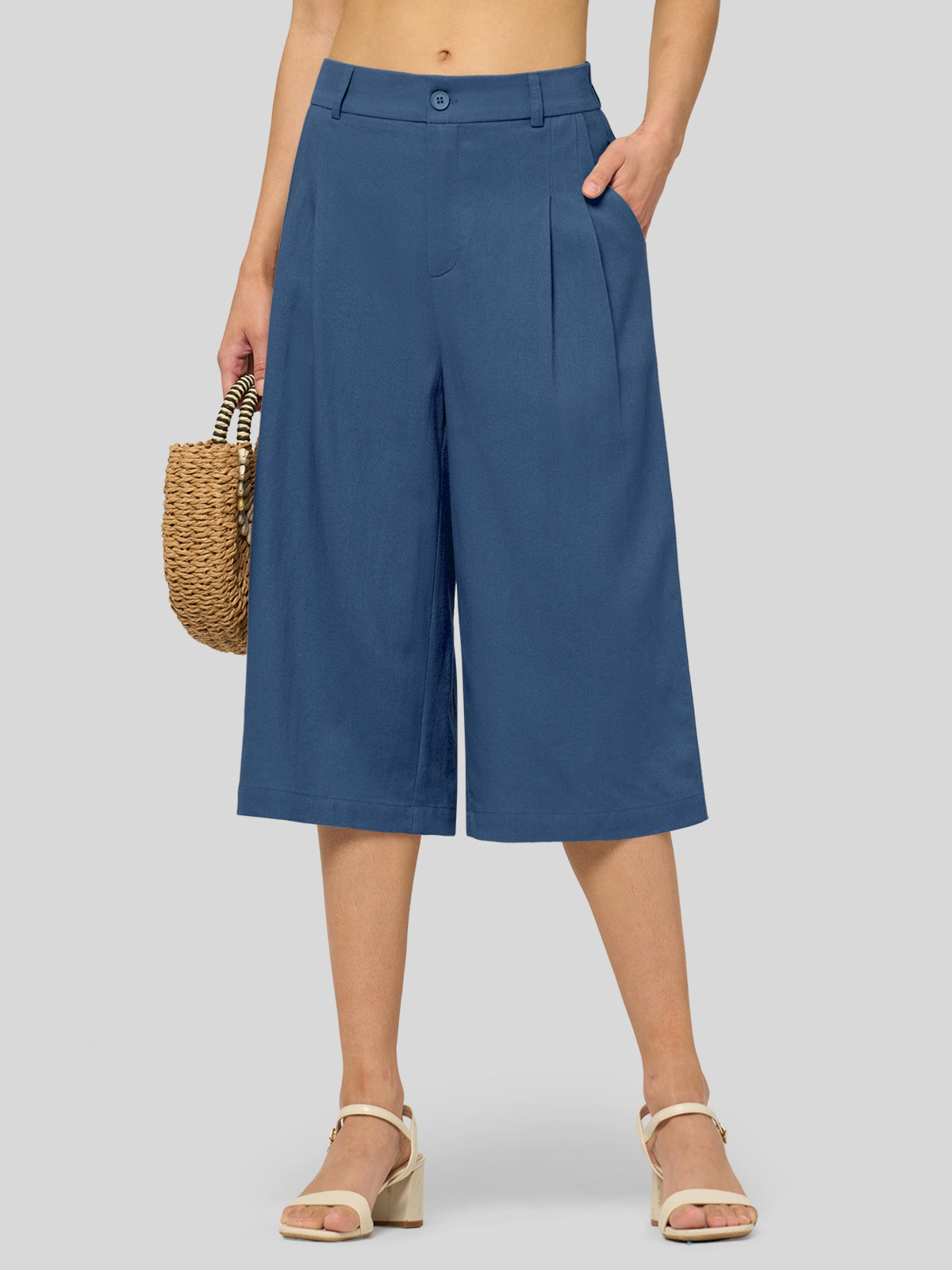 Women's Cotton Linen Wide-Leg Capri Pants