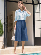 Women's Cotton Linen Wide-Leg Capri Pants