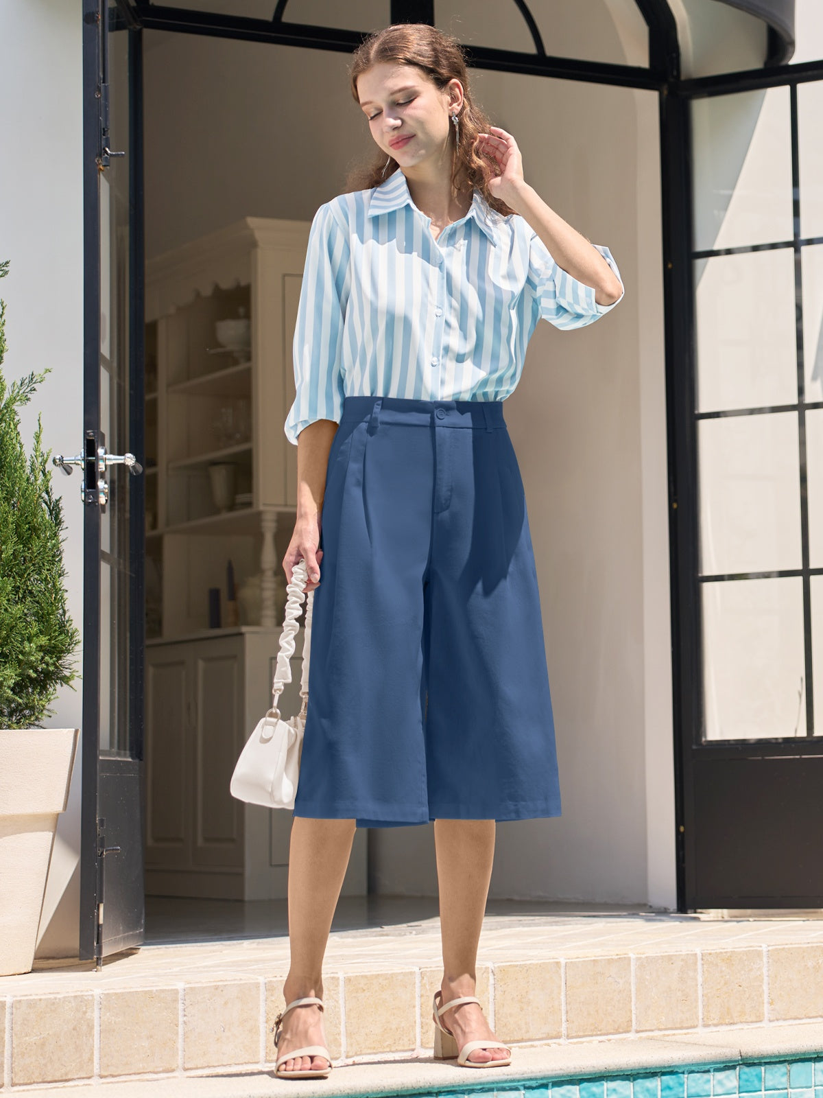 Women's Cotton Linen Wide-Leg Capri Pants