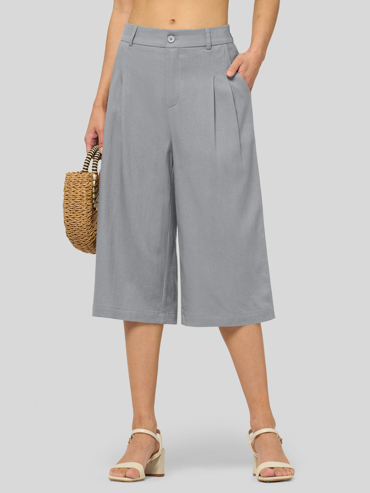 Women's Cotton Linen Wide-Leg Capri Pants