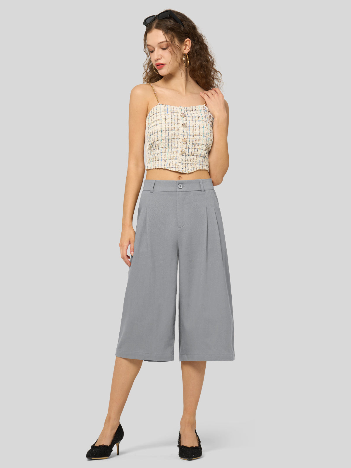 Women's Cotton Linen Wide-Leg Capri Pants