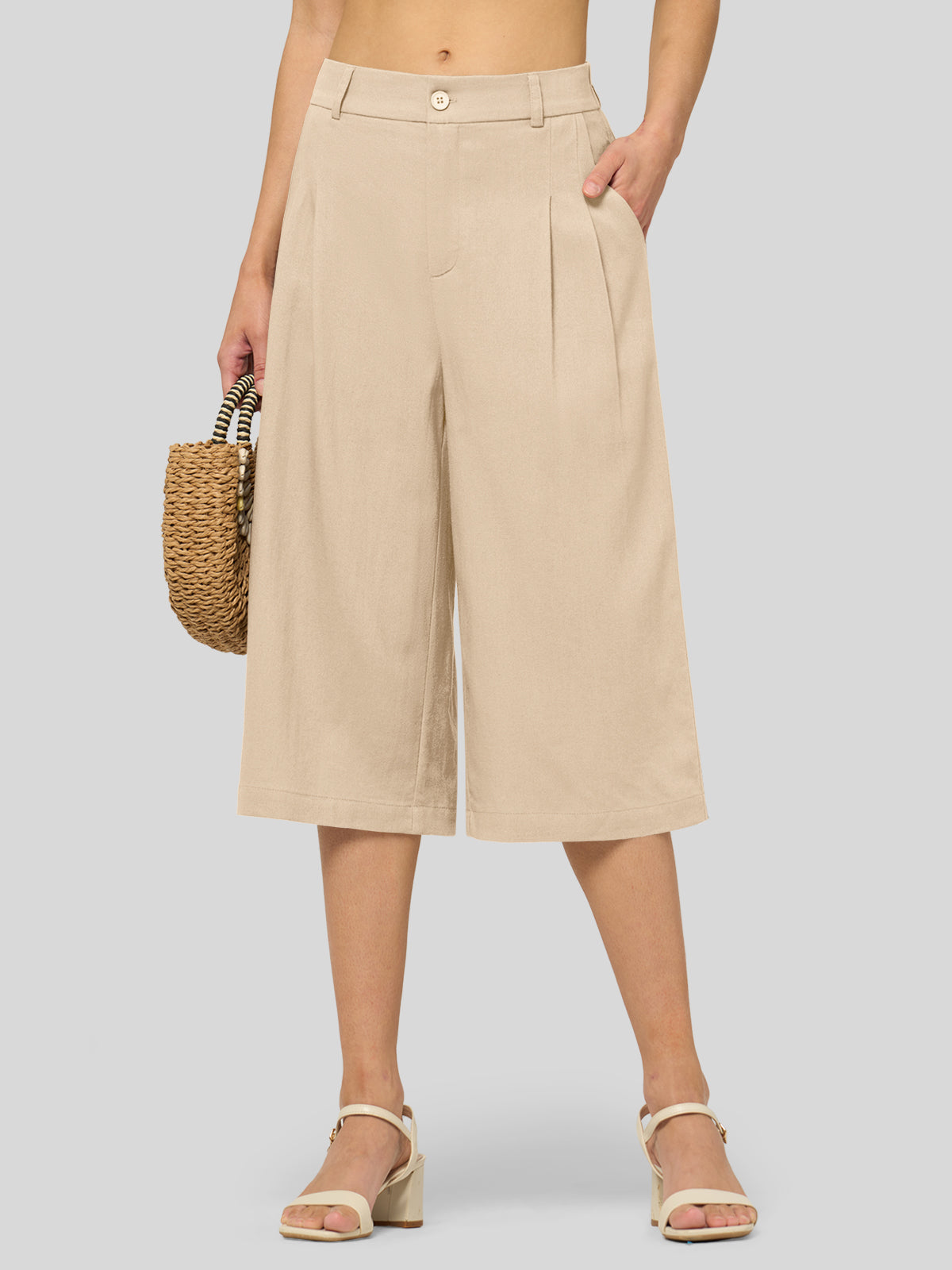 Women's Cotton Linen Wide-Leg Capri Pants