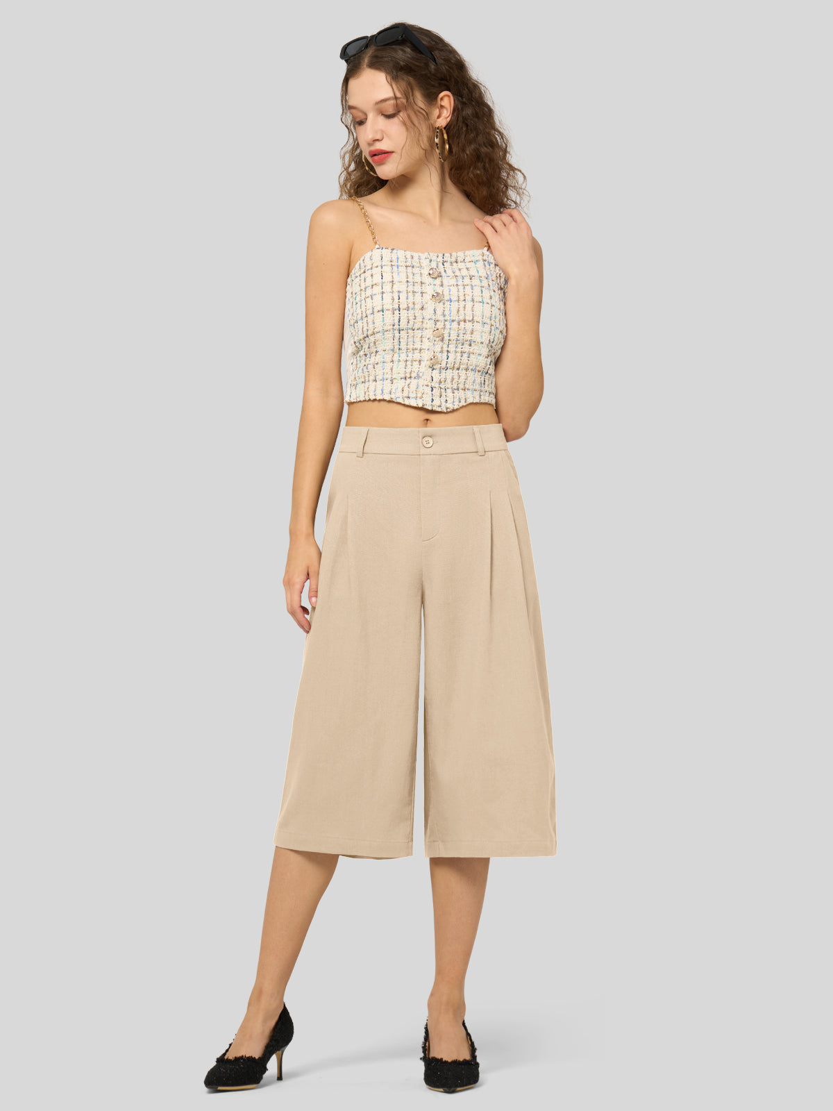 Women's Cotton Linen Wide-Leg Capri Pants