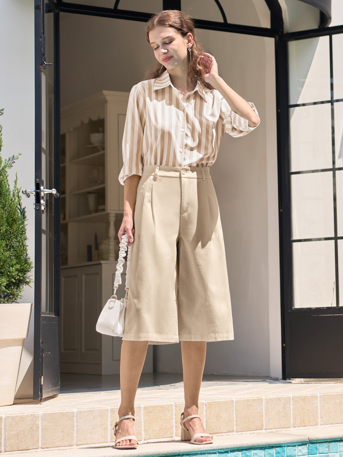 Women's Cotton Linen Wide-Leg Capri Pants