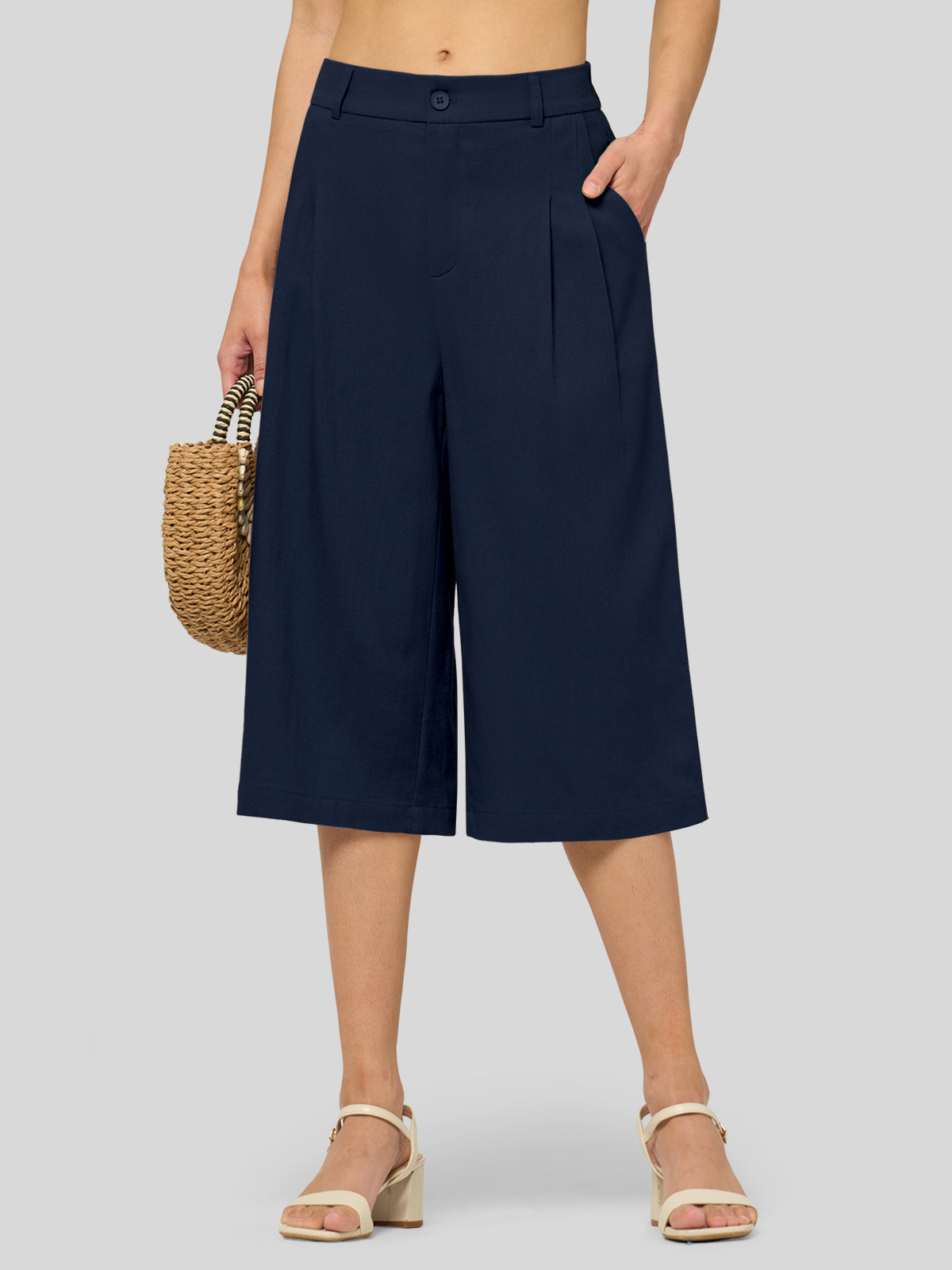 Women's Cotton Linen Wide-Leg Capri Pants