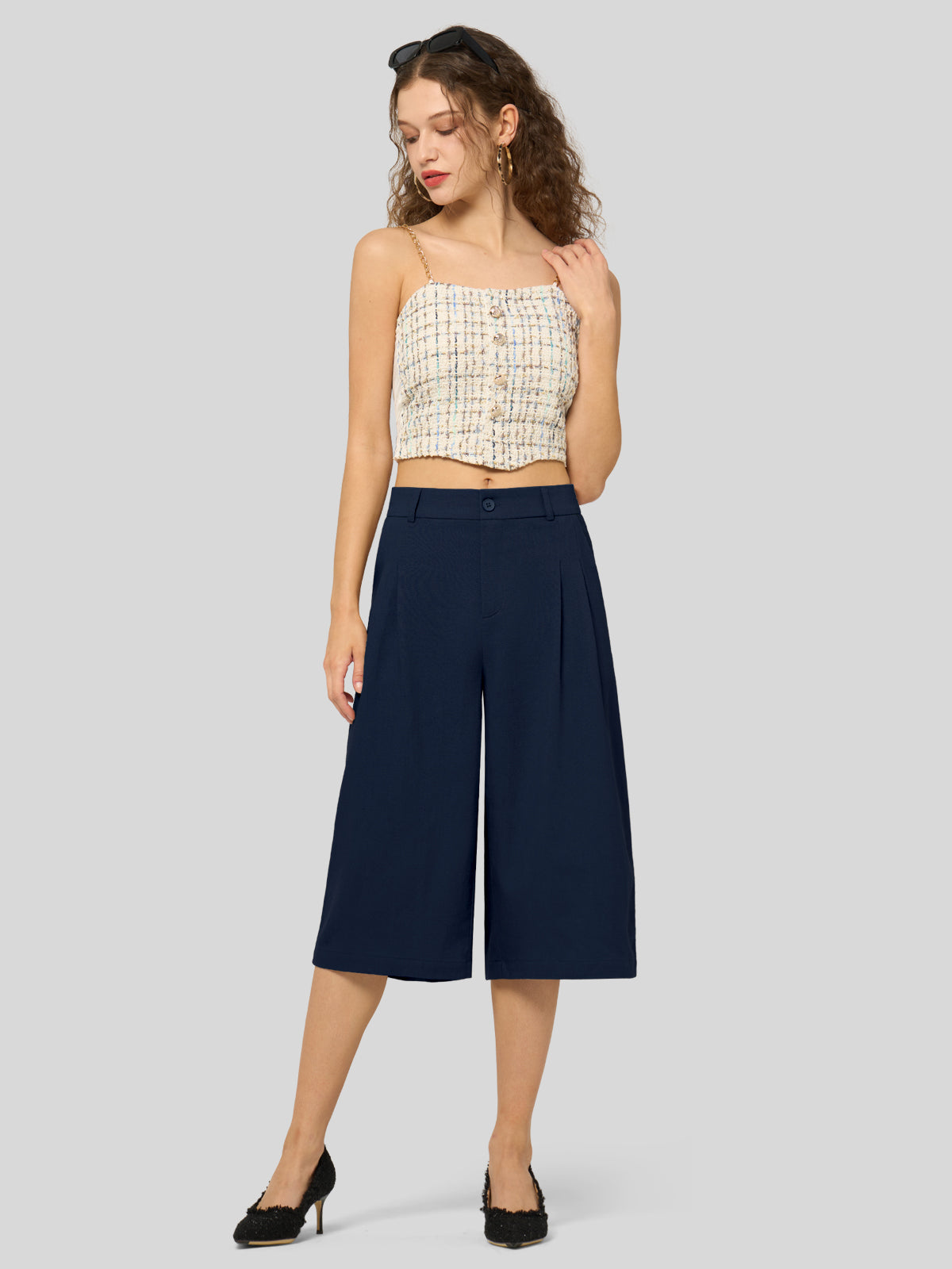 Women's Cotton Linen Wide-Leg Capri Pants