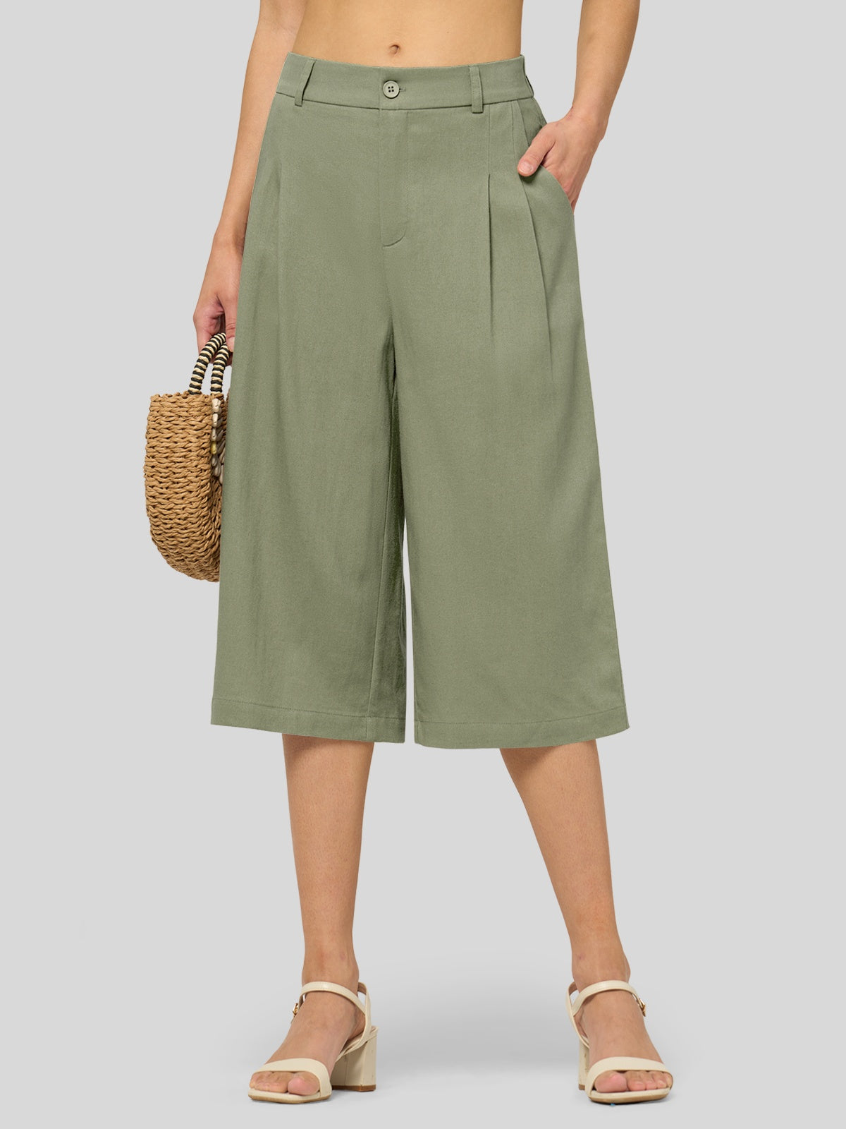 Women's Cotton Linen Wide-Leg Capri Pants