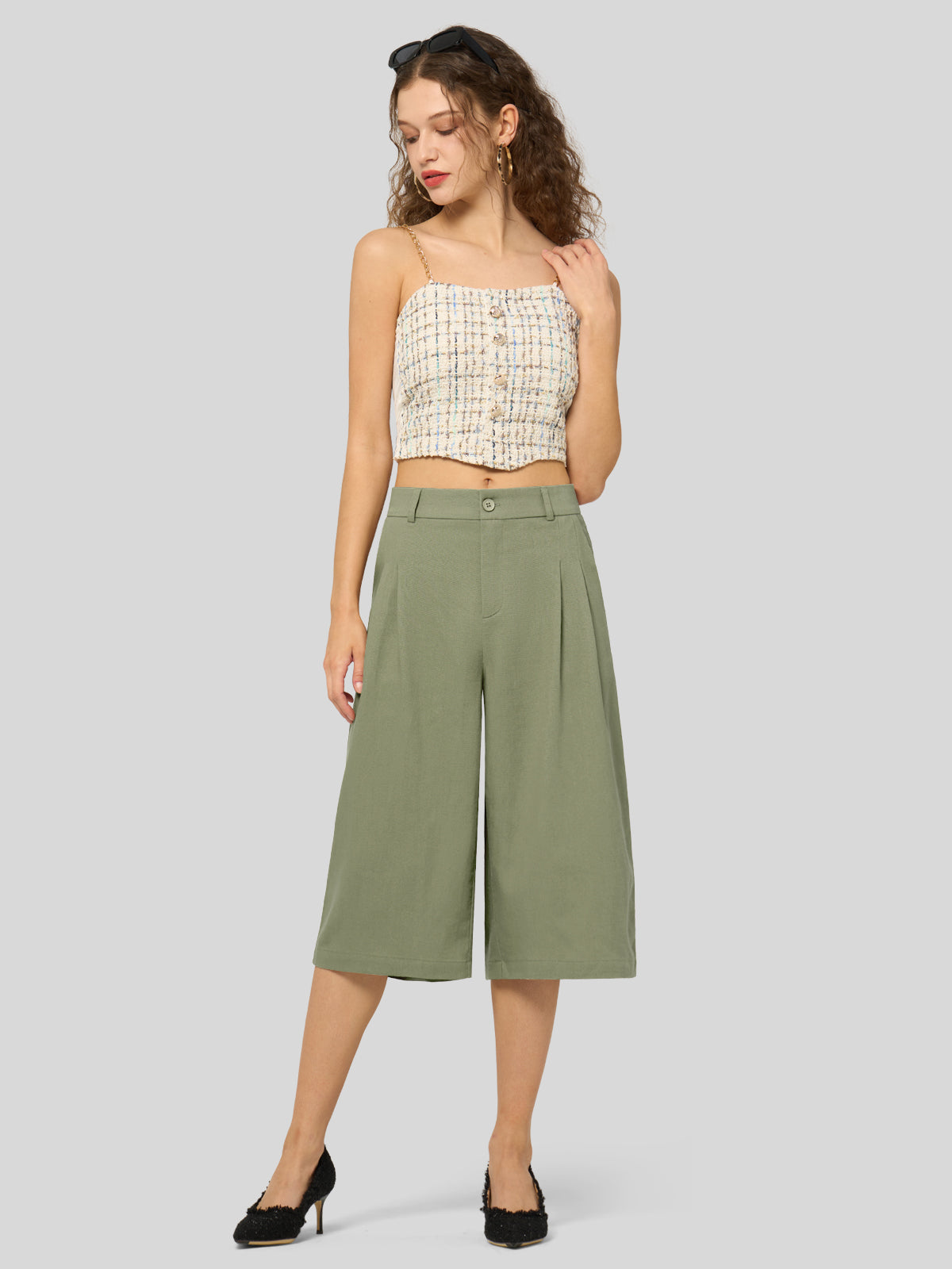 Women's Cotton Linen Wide-Leg Capri Pants