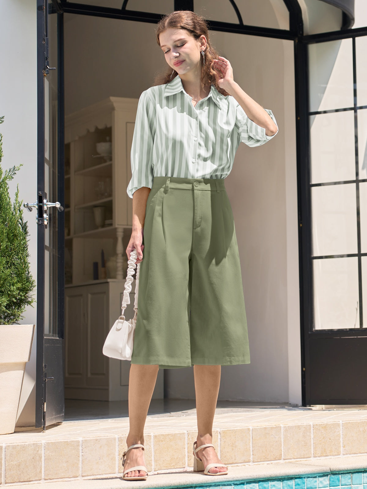 Women's Cotton Linen Wide-Leg Capri Pants