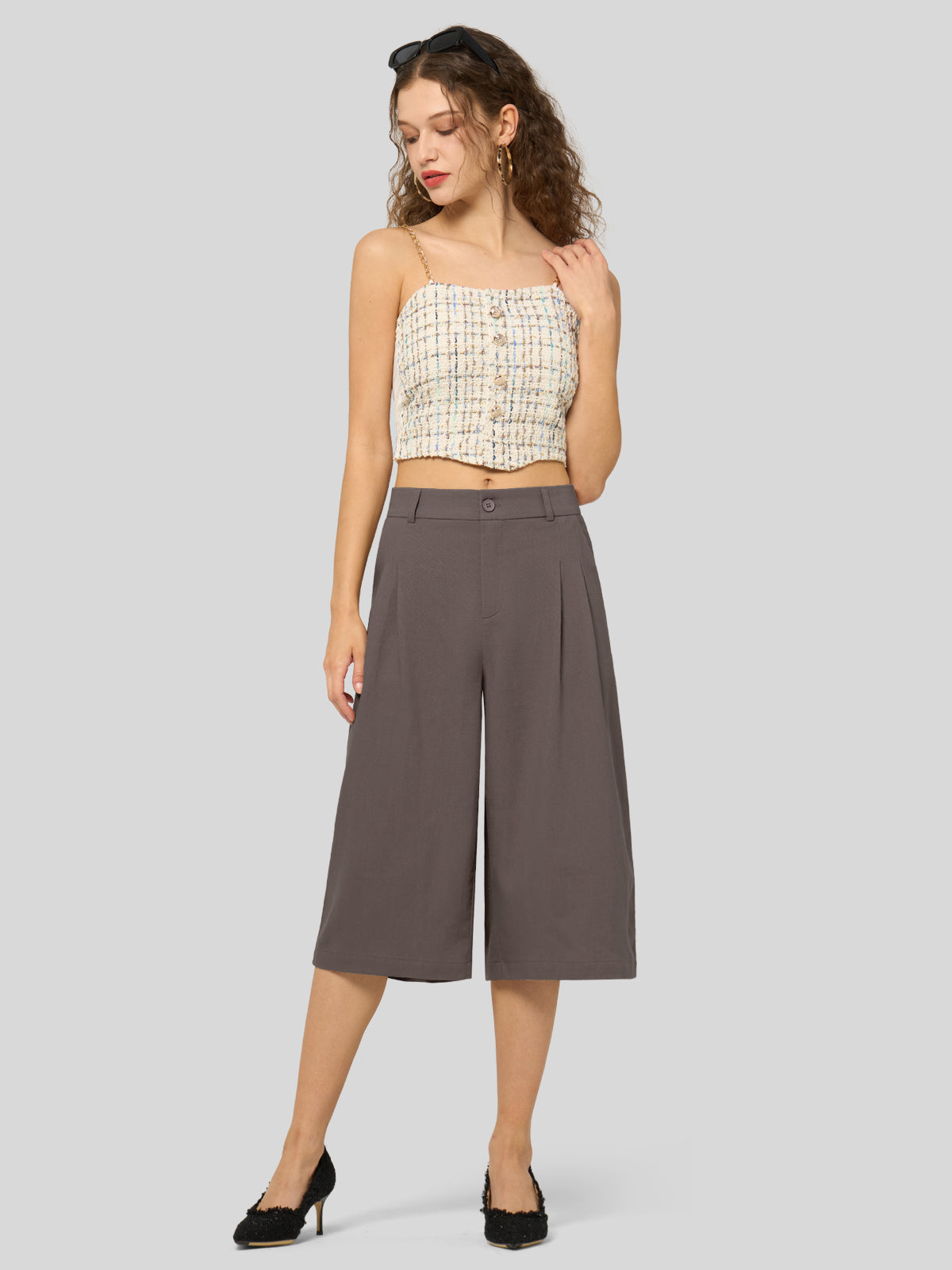 Women's Cotton Linen Wide-Leg Capri Pants