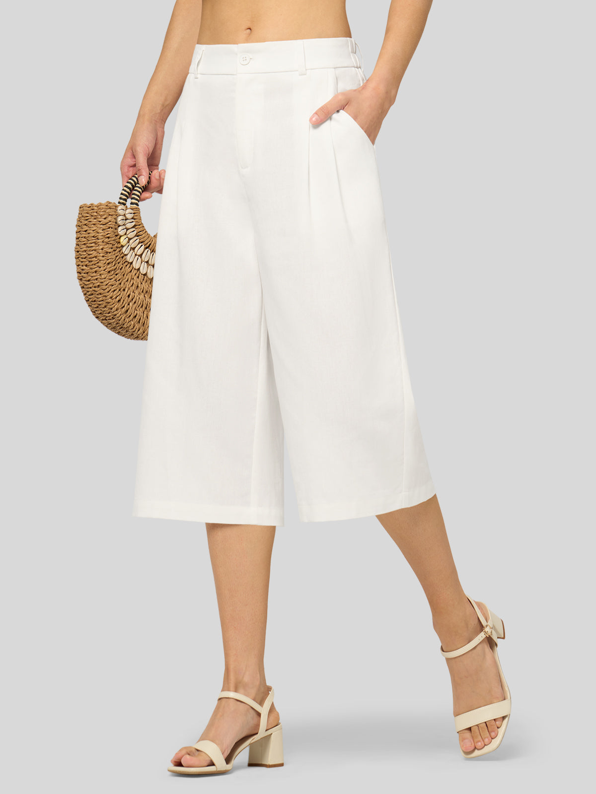 Women's Cotton Linen Wide-Leg Capri Pants