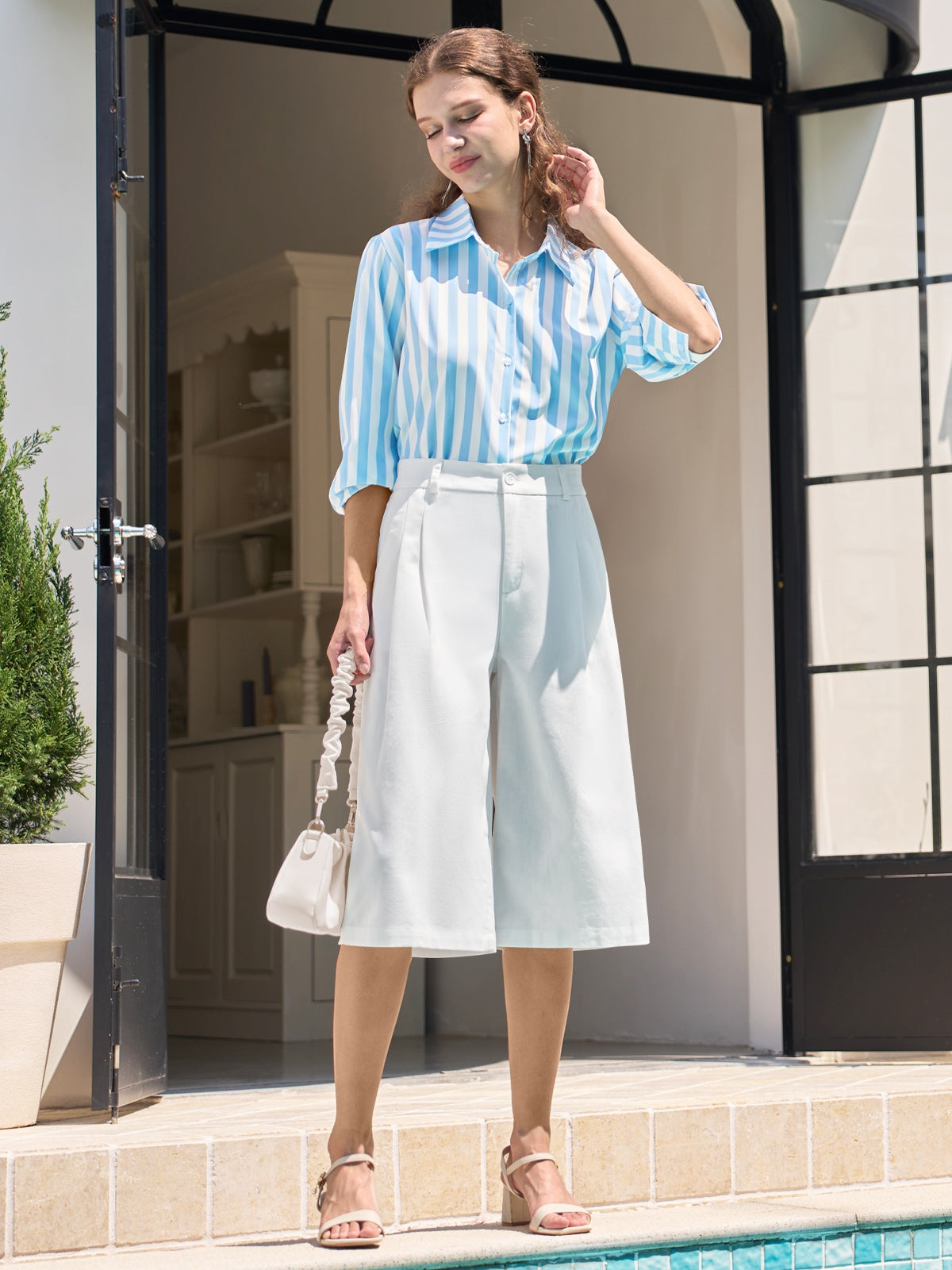 Women's Cotton Linen Wide-Leg Capri Pants