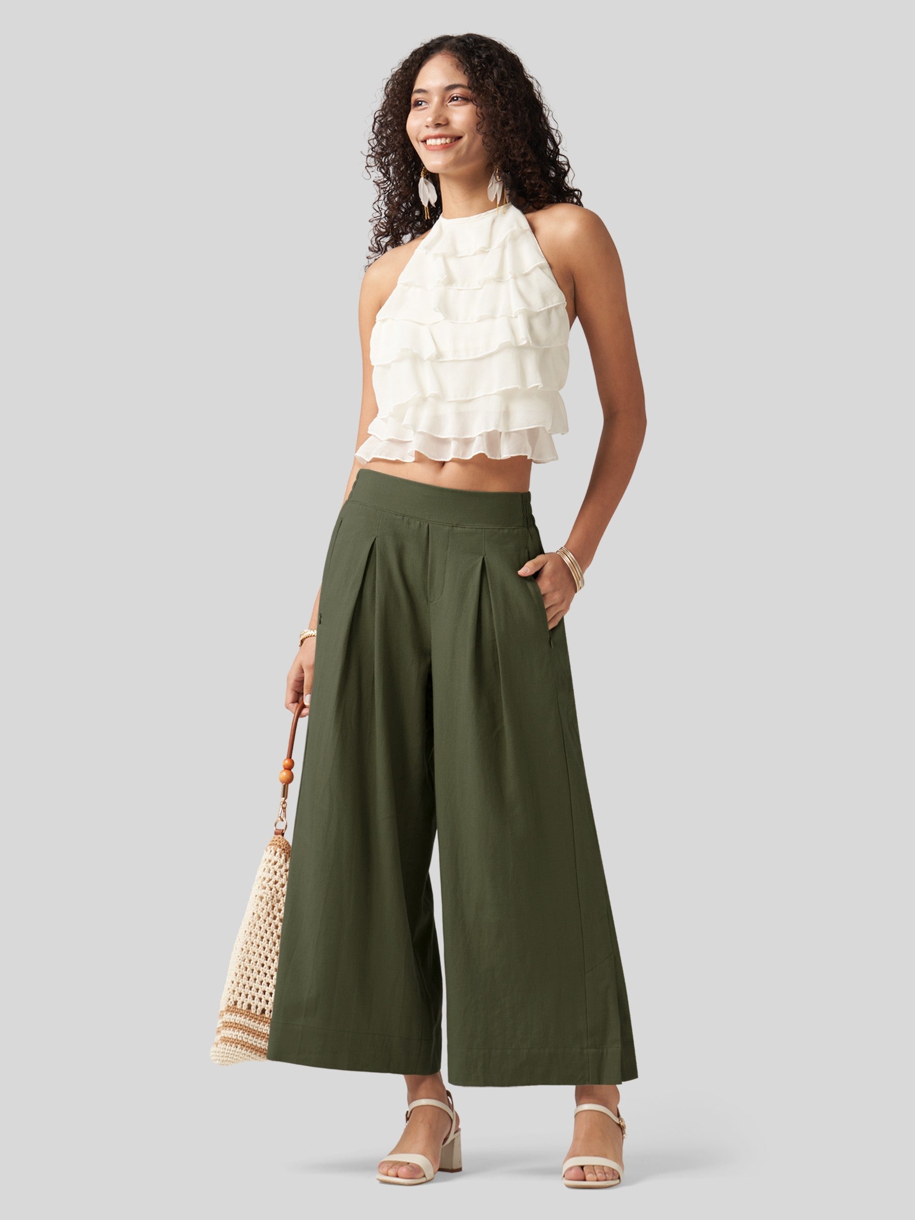 Women's Cotton Linen Wide-leg Cropped Pants