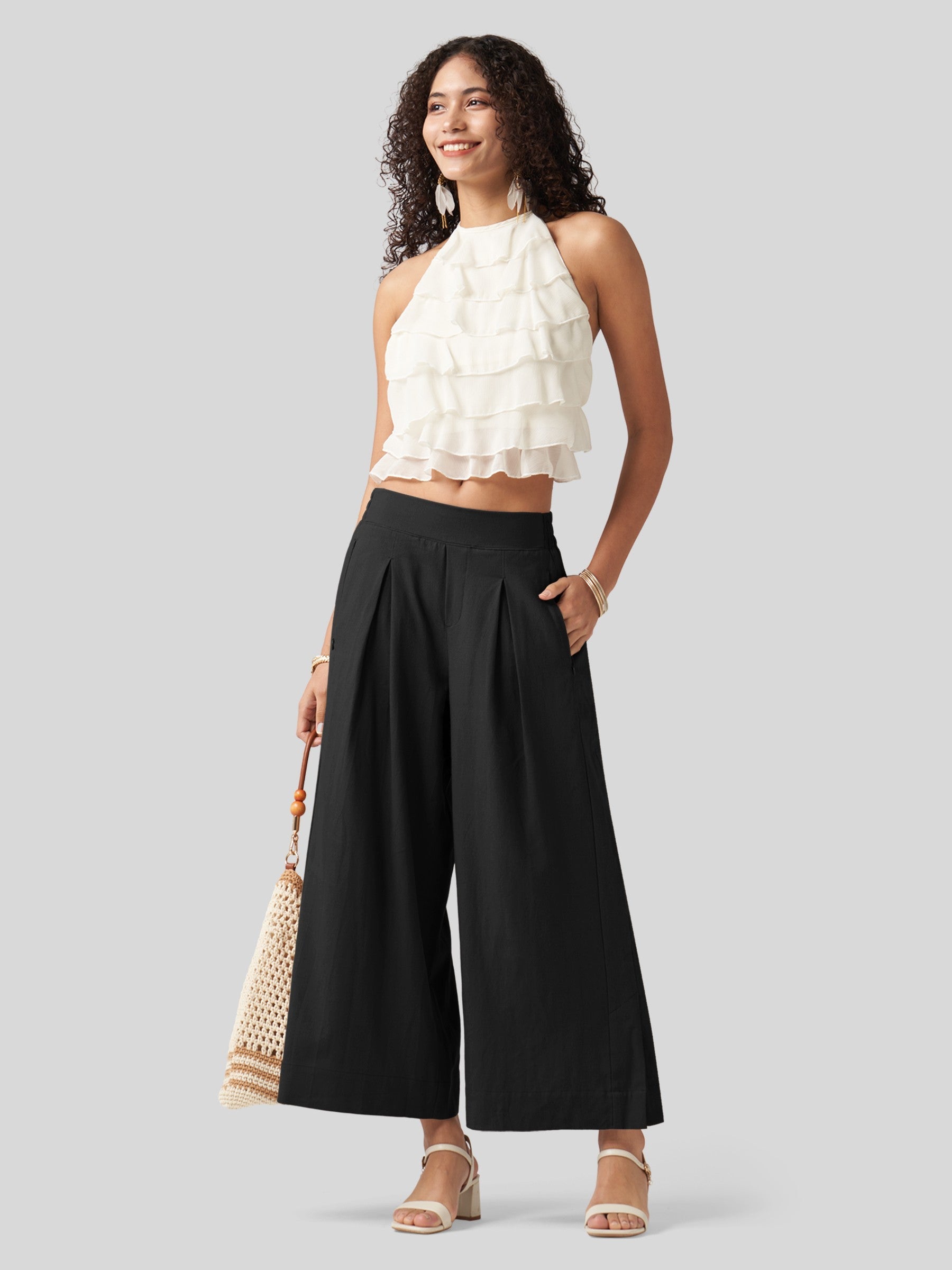 Women's Cotton Linen Wide-leg Cropped Pants