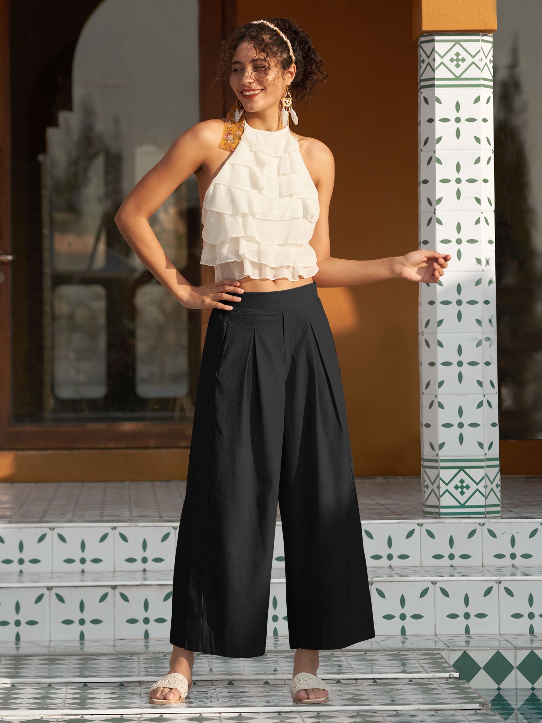Women's Cotton Linen Wide-leg Cropped Pants