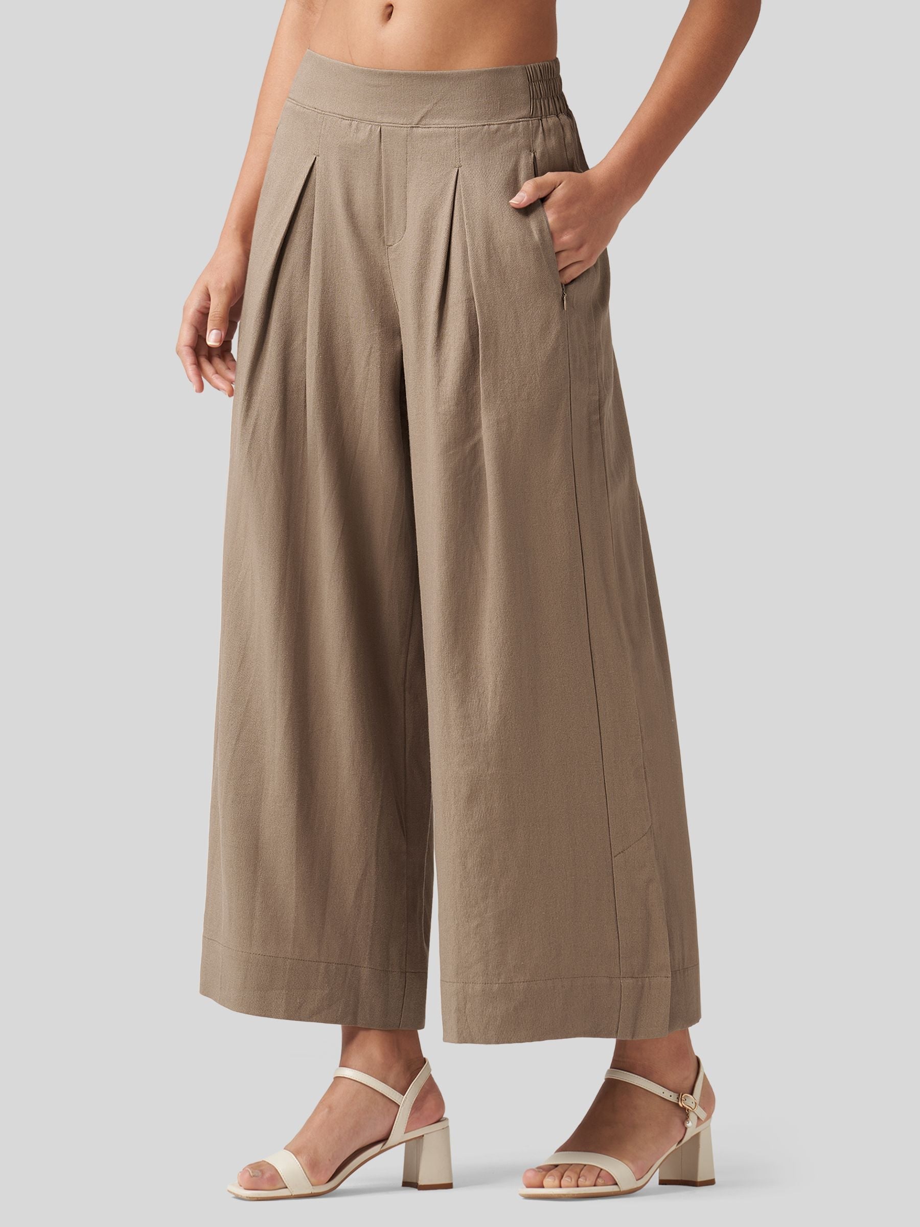 Women's Cotton Linen Wide-leg Cropped Pants