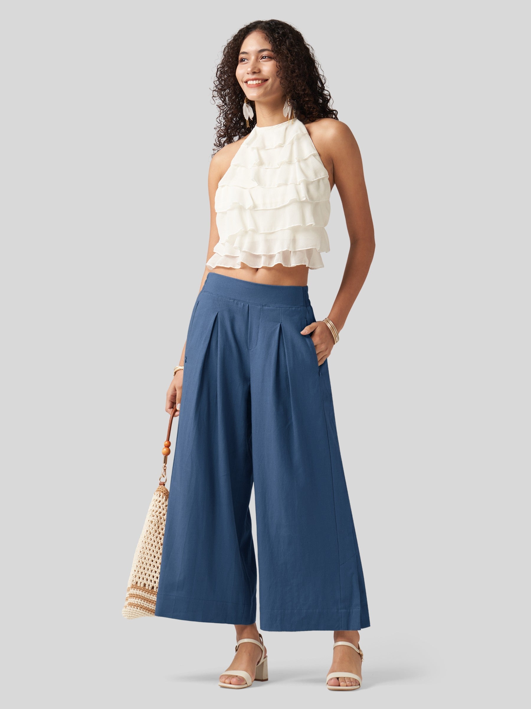 Women's Cotton Linen Wide-leg Cropped Pants