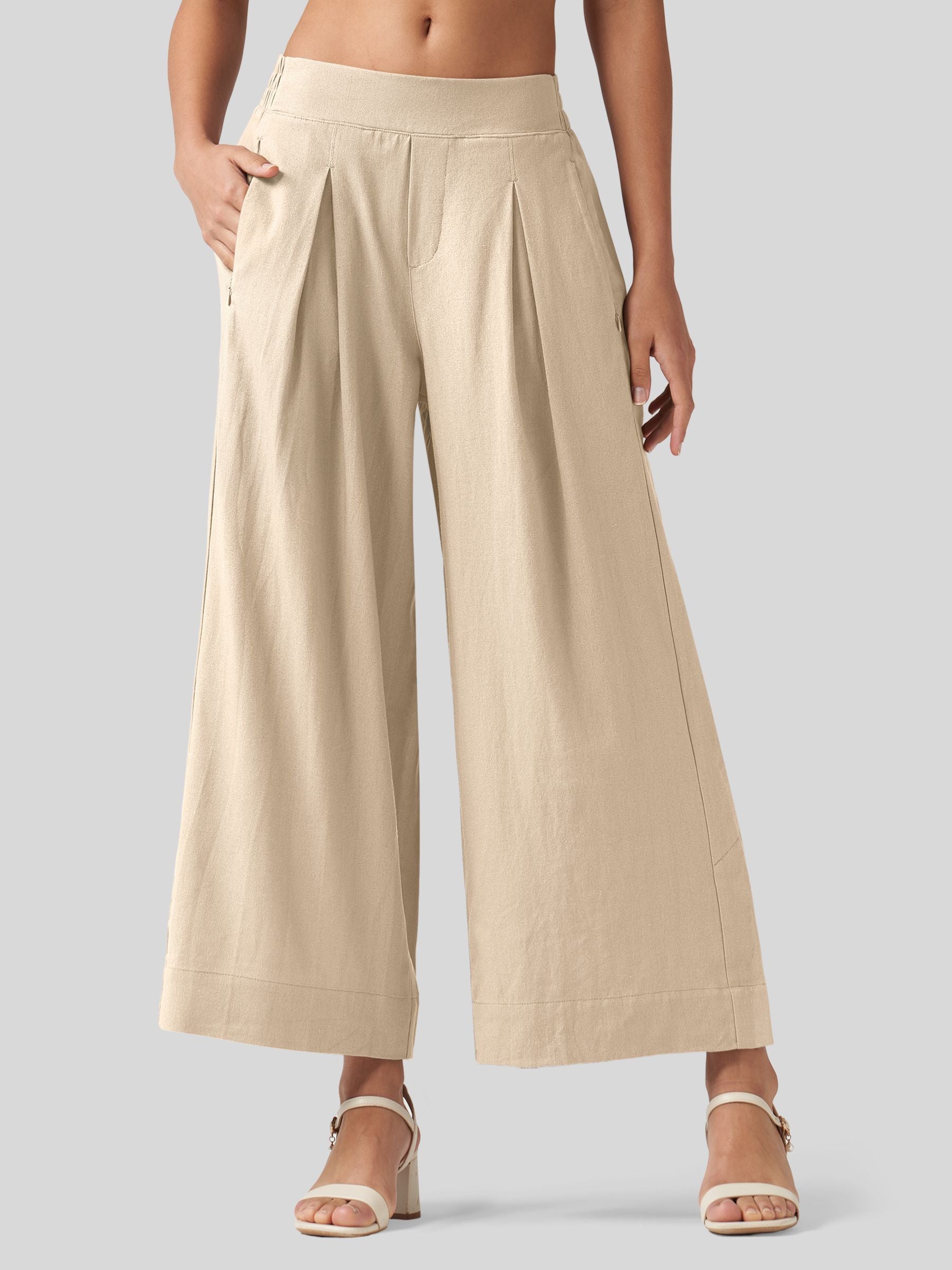 Women's Cotton Linen Wide-leg Cropped Pants