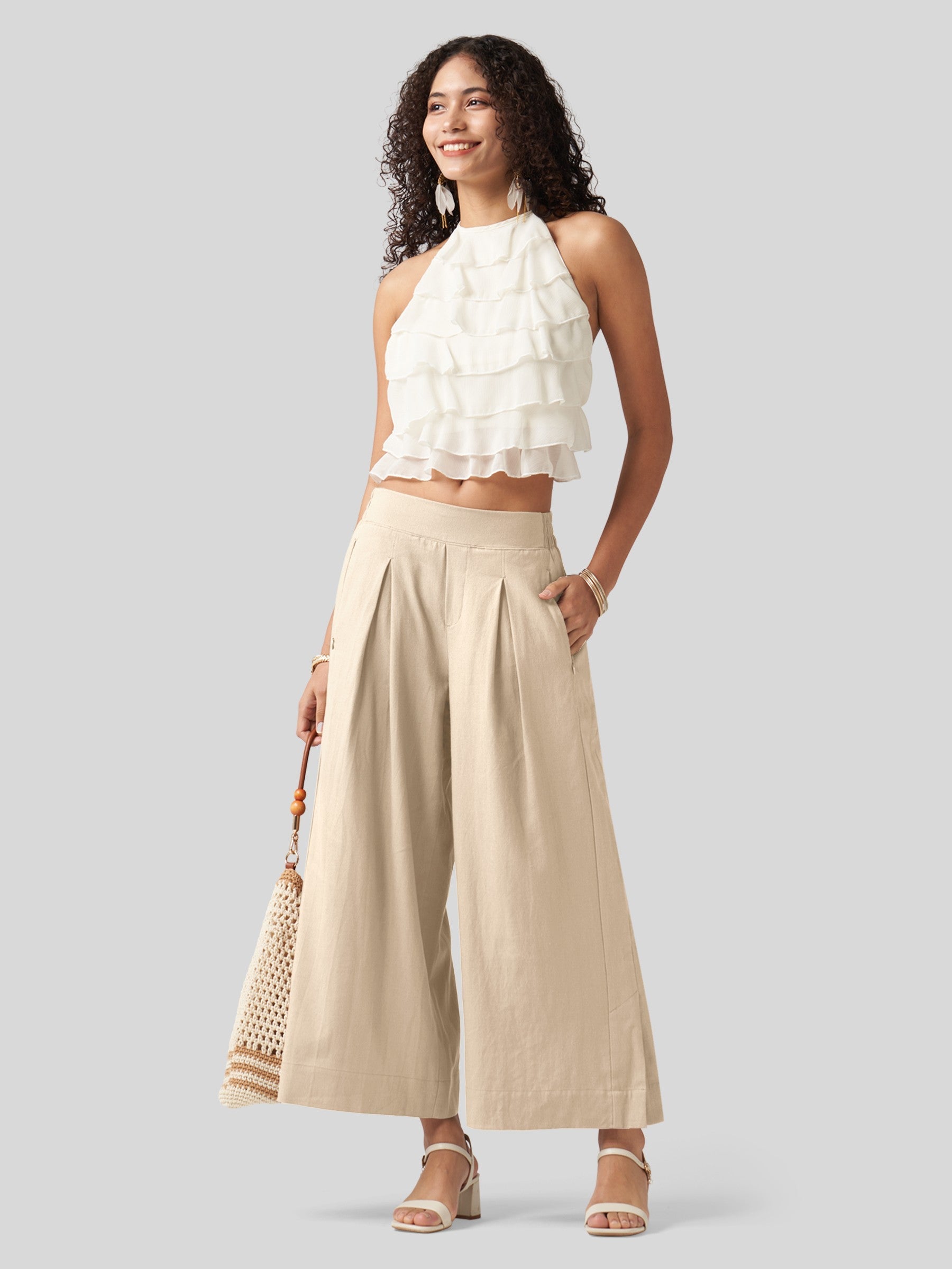 Women's Cotton Linen Wide-leg Cropped Pants
