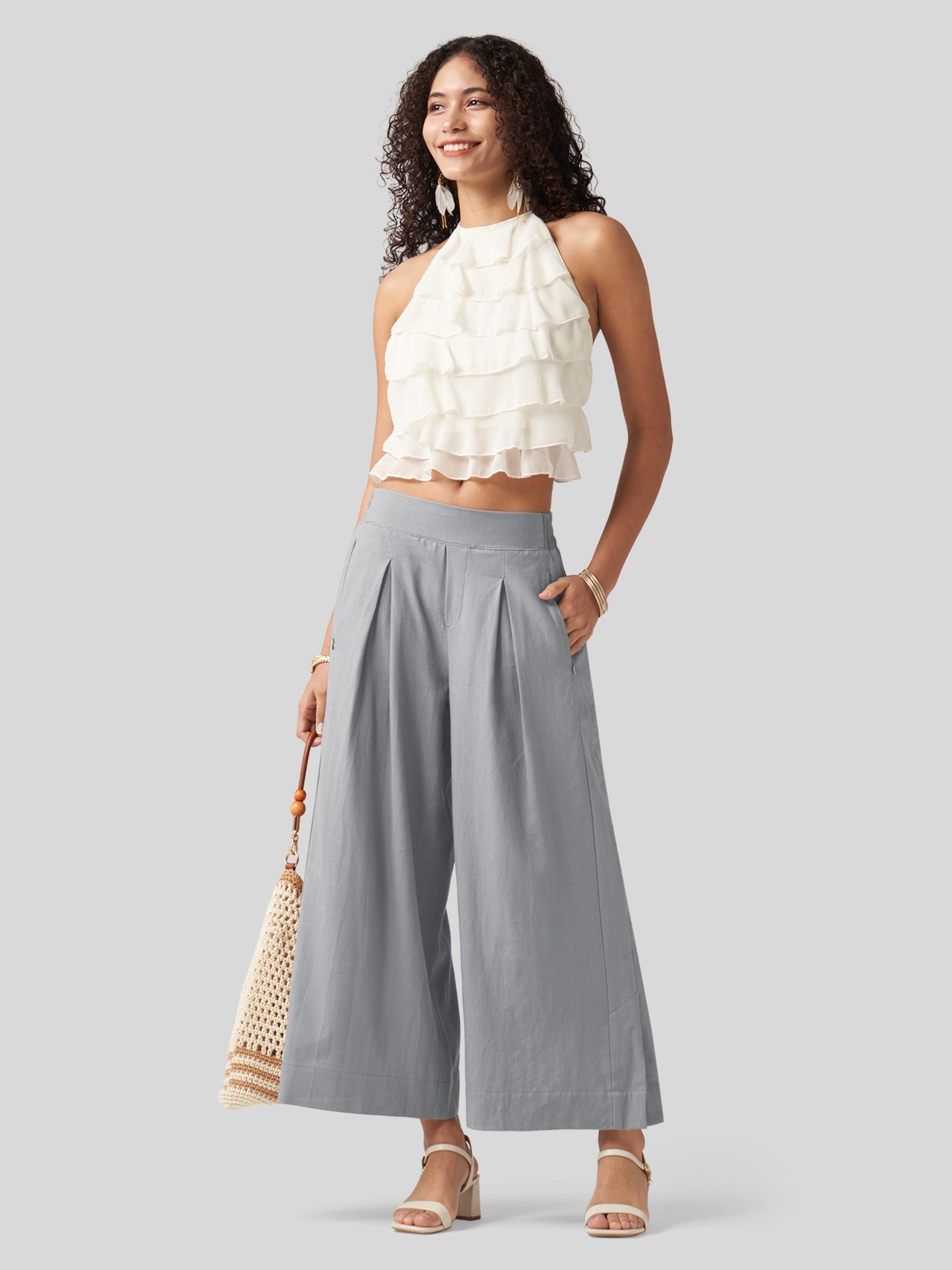 Women's Cotton Linen Wide-leg Cropped Pants