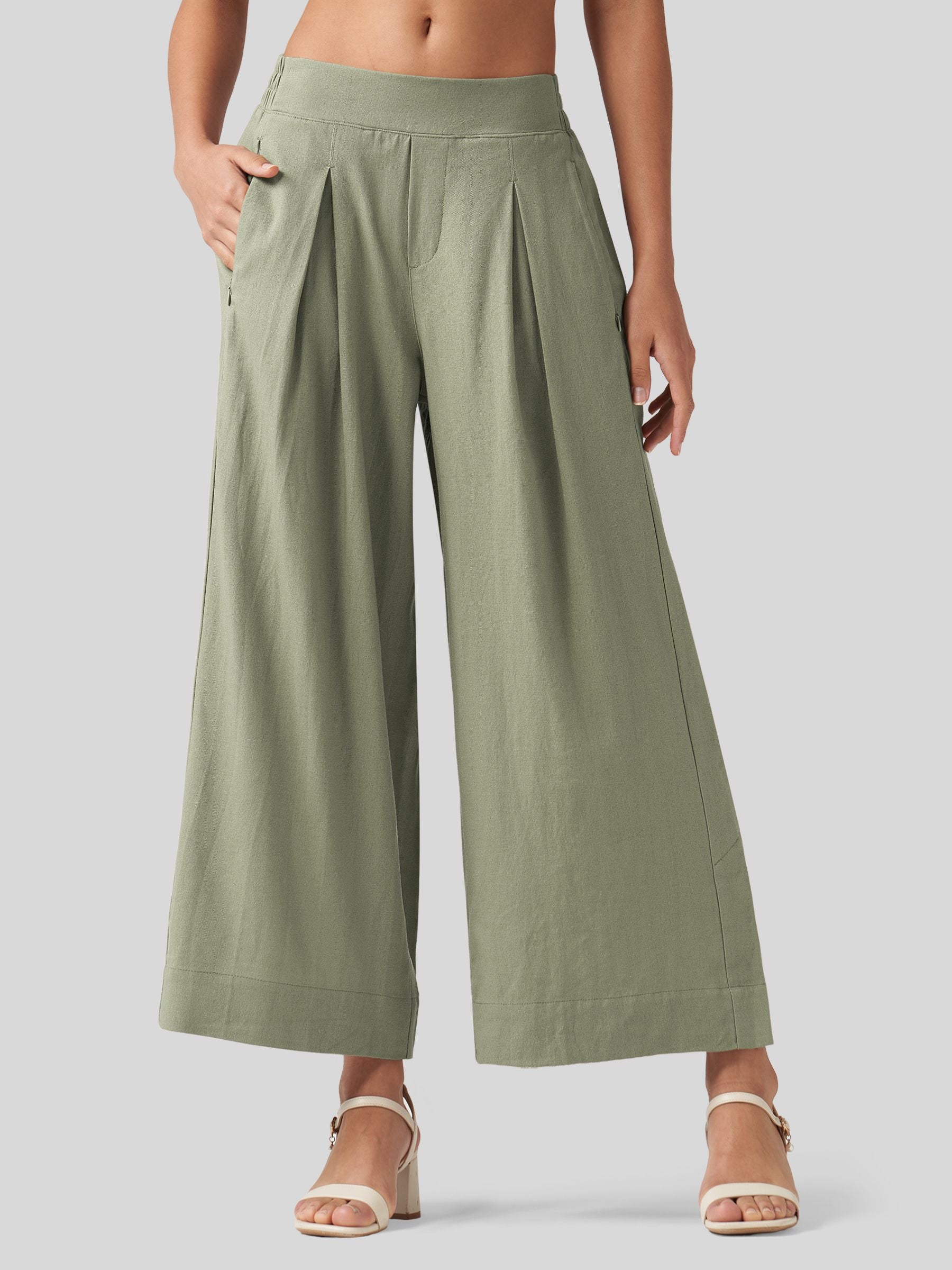 Women's Cotton Linen Wide-leg Cropped Pants