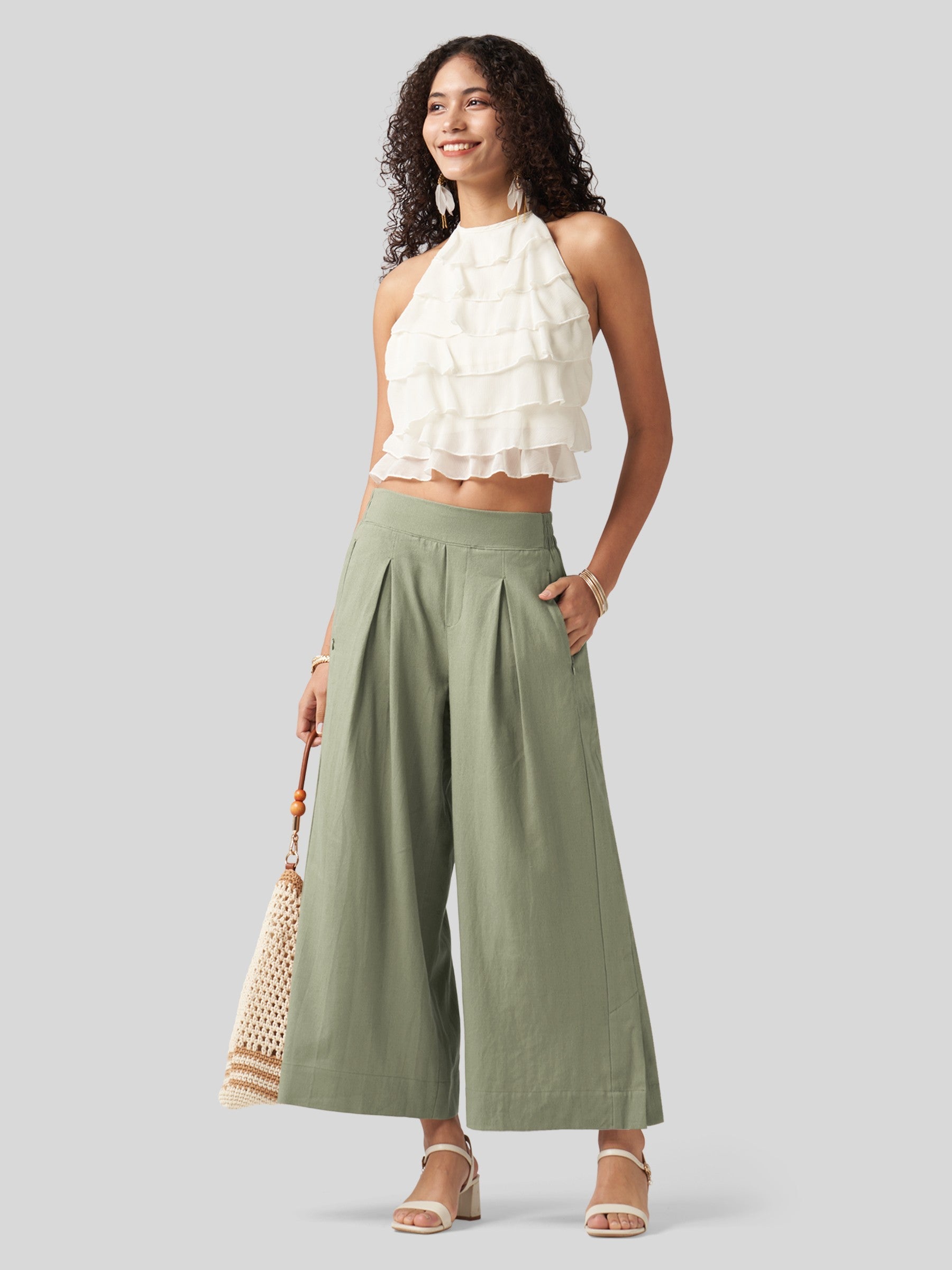 Women's Cotton Linen Wide-leg Cropped Pants