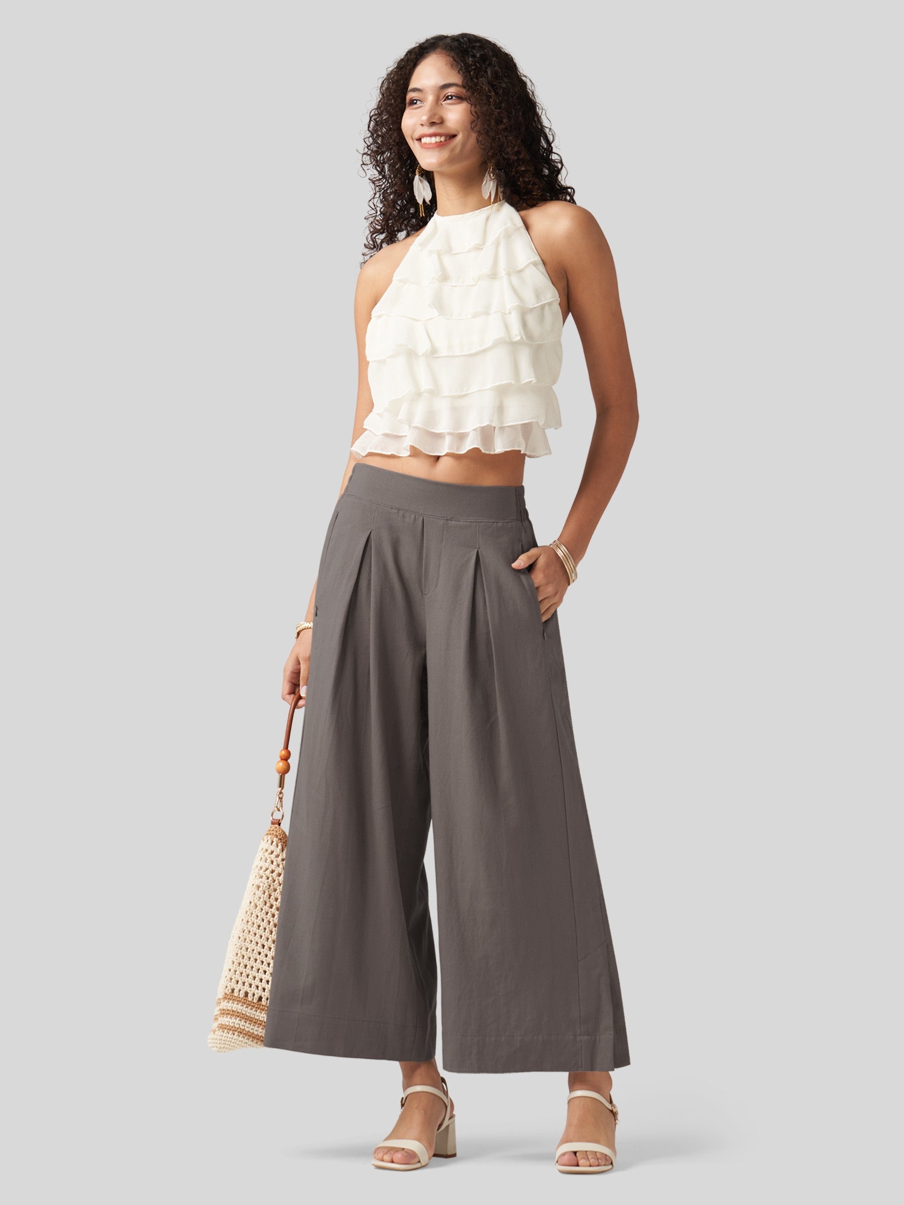 Women's Cotton Linen Wide-leg Cropped Pants