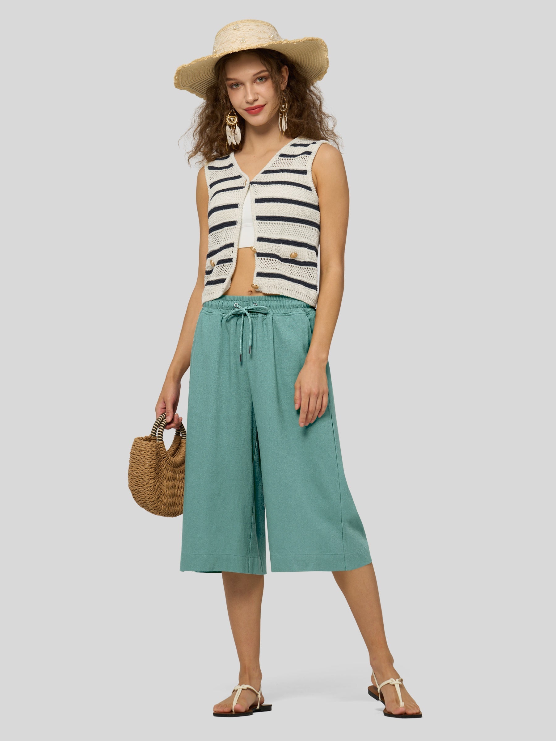 Women's Cotton Linen Easy Wide-Leg Capris