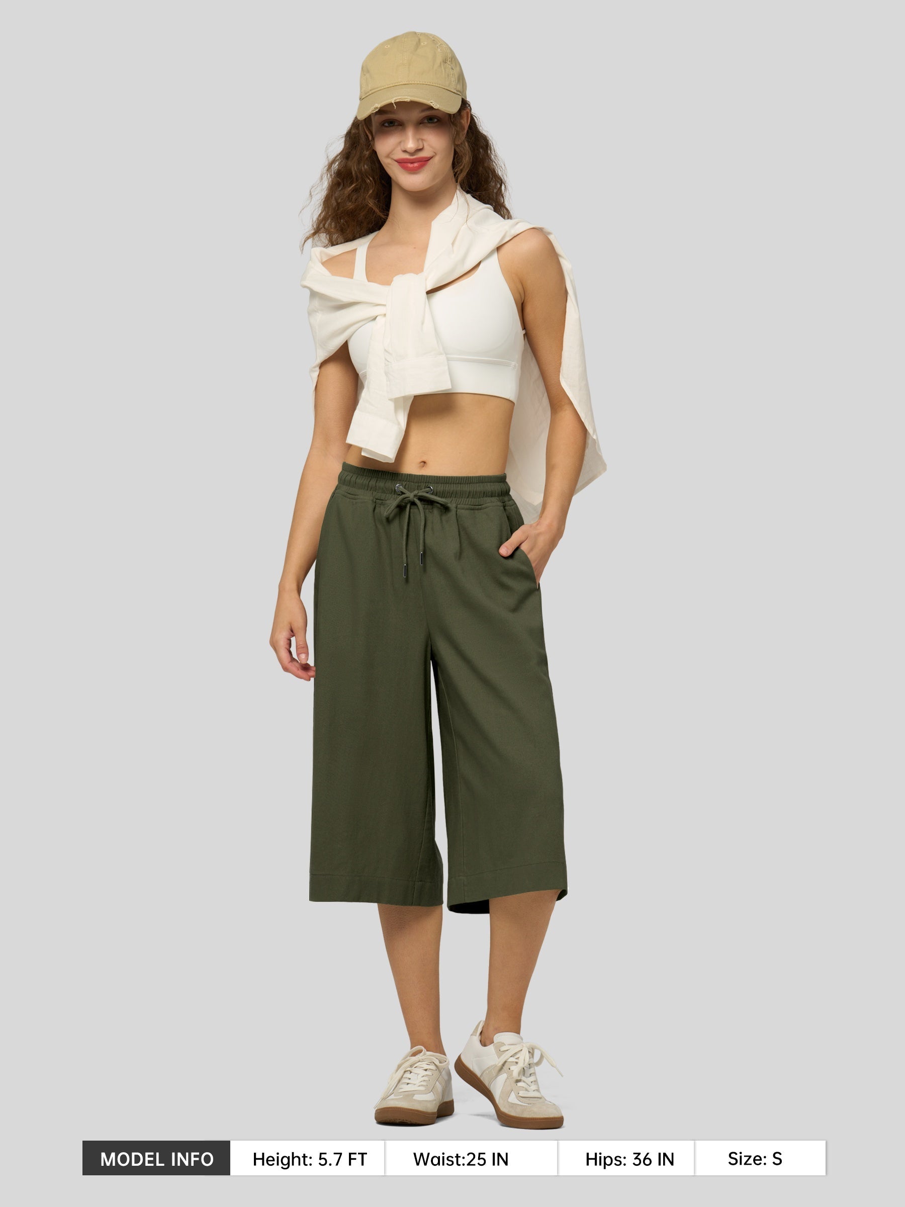 Women's Cotton Linen Easy Wide-Leg Capris