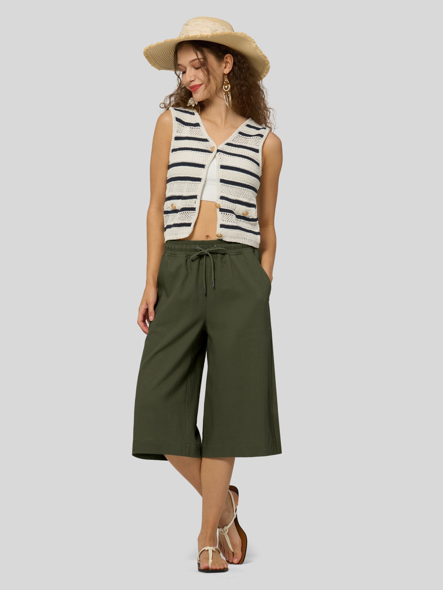 Women's Cotton Linen Easy Wide-Leg Capris