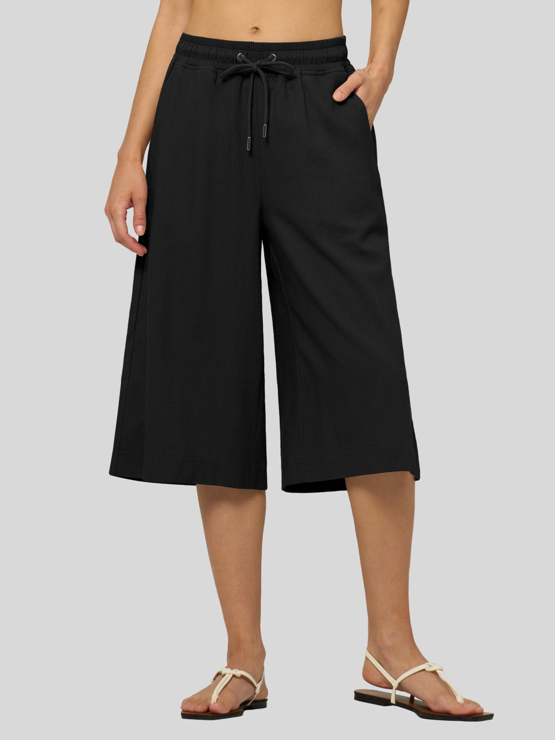 Women's Cotton Linen Easy Wide-Leg Capris