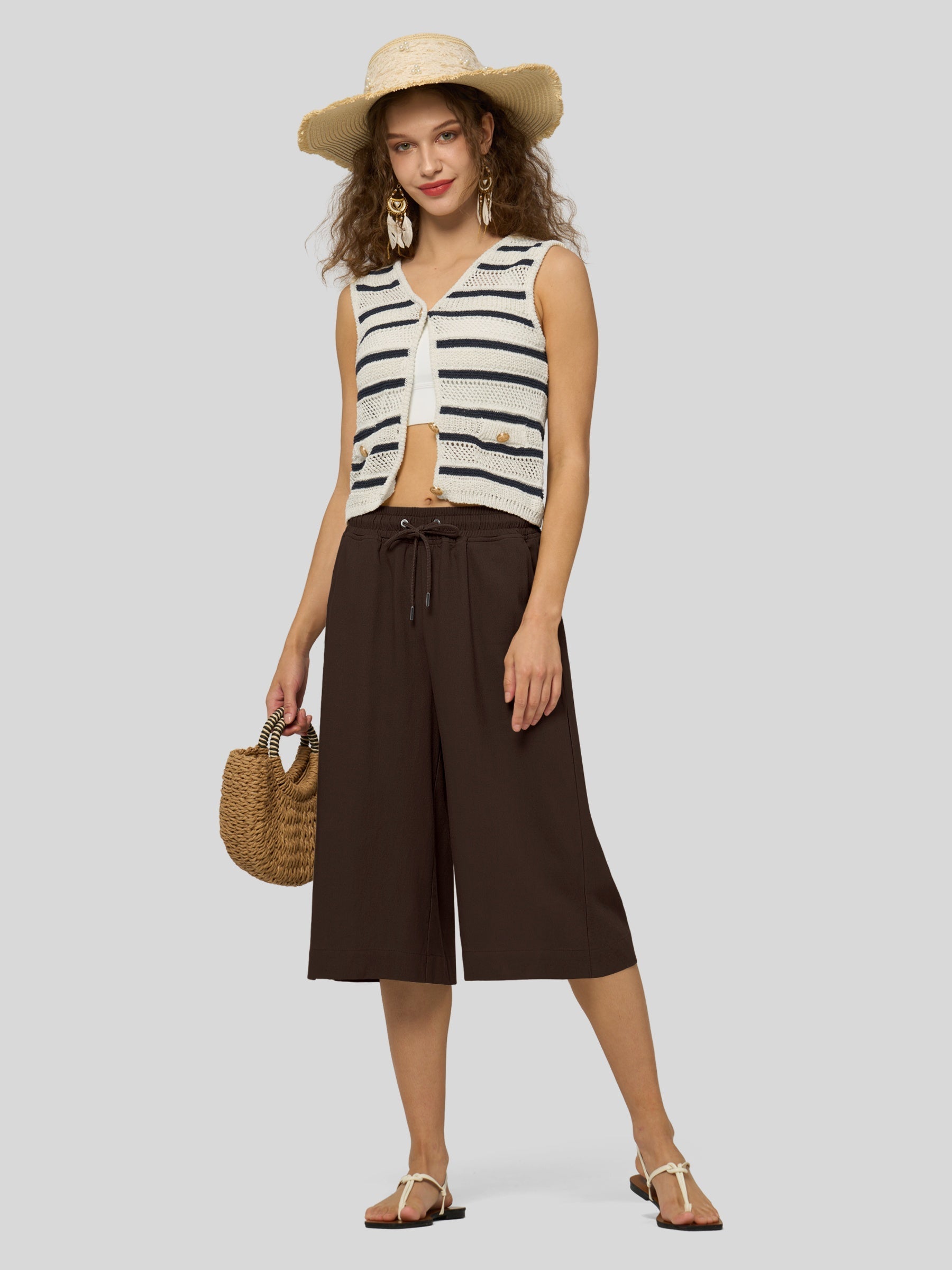Women's Cotton Linen Easy Wide-Leg Capris
