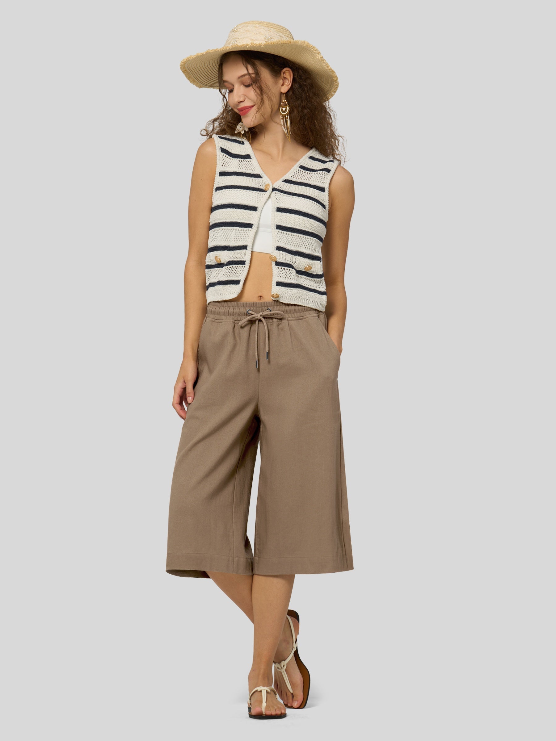 Women's Cotton Linen Easy Wide-Leg Capris