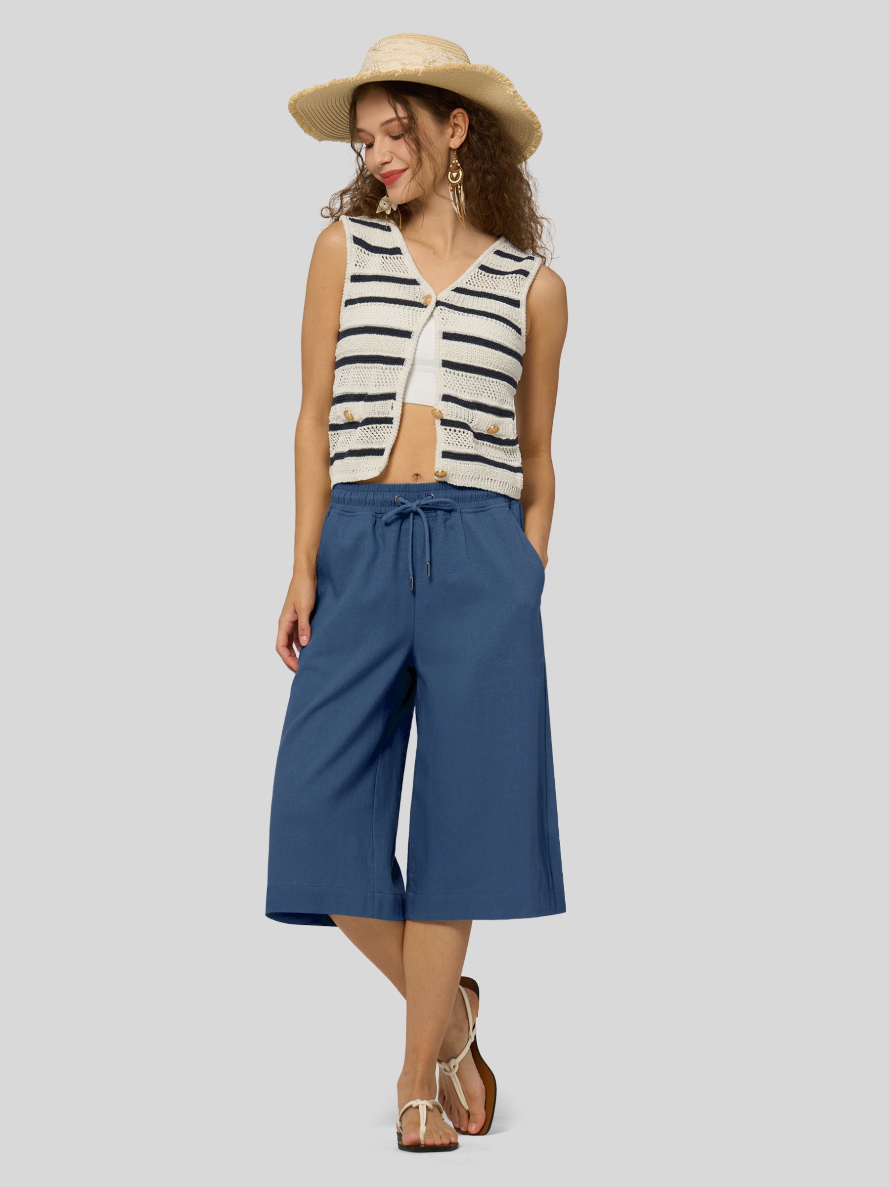 Women's Cotton Linen Easy Wide-Leg Capris