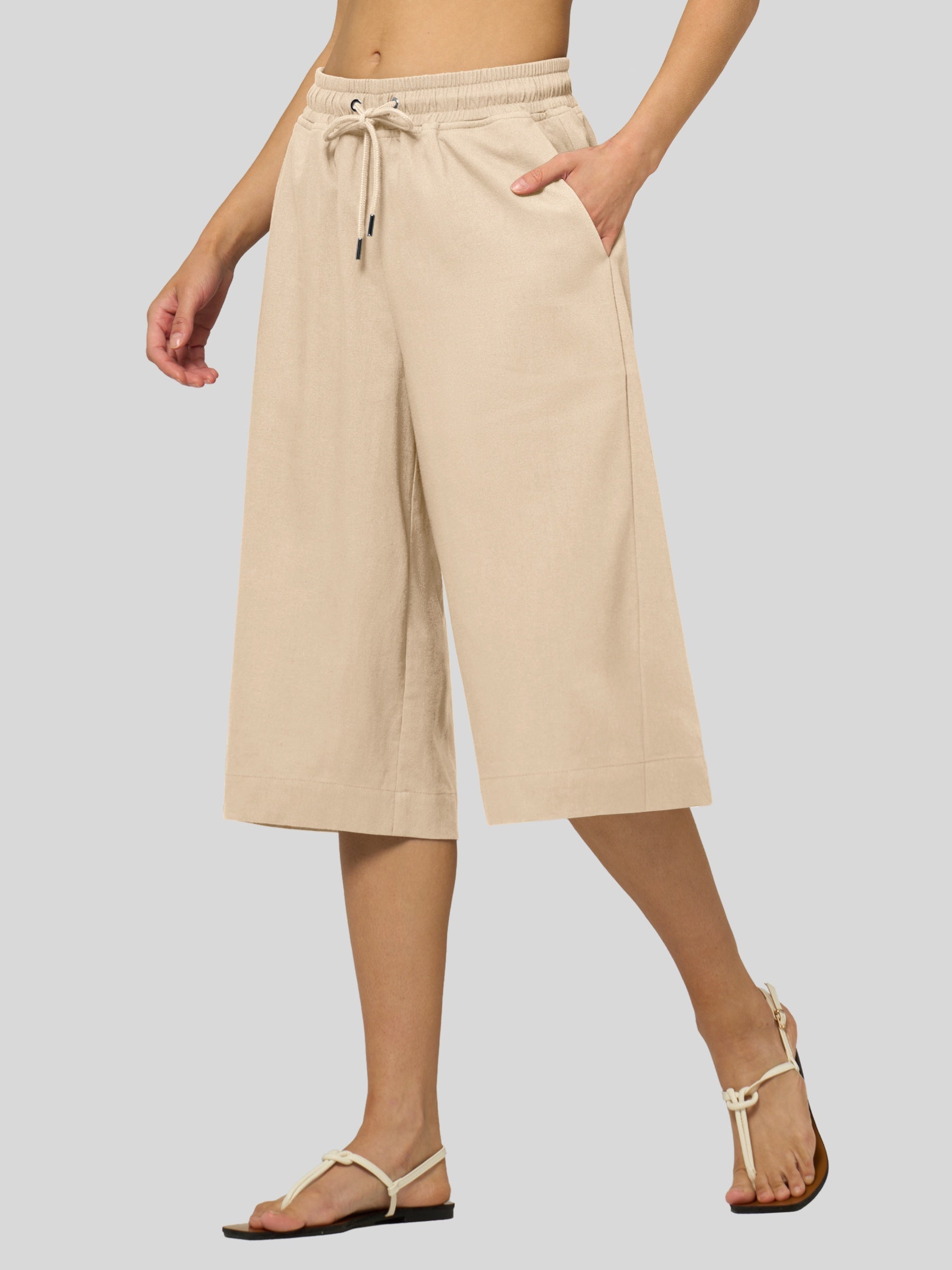 Women's Cotton Linen Easy Wide-Leg Capris