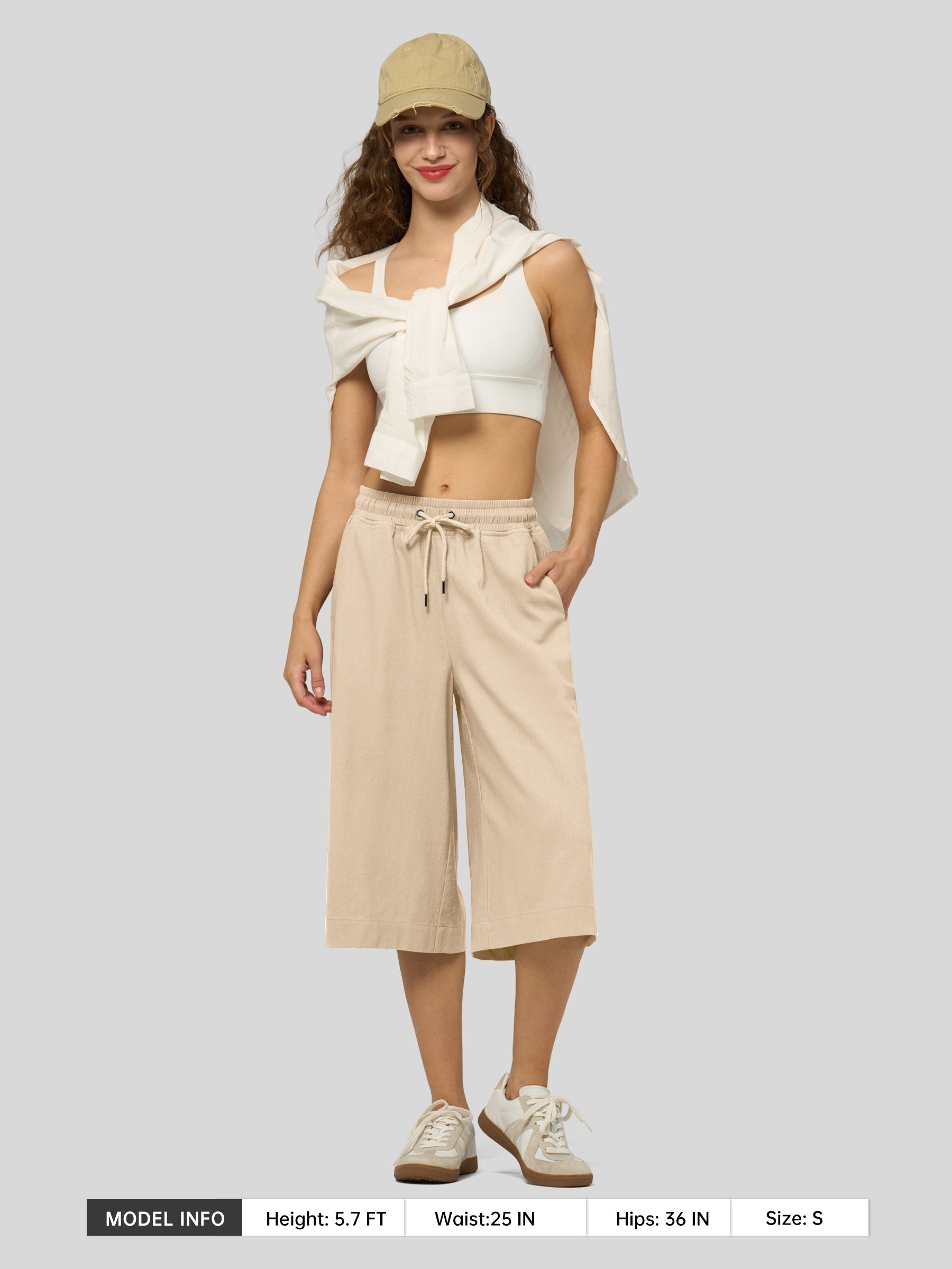Women's Cotton Linen Easy Wide-Leg Capris