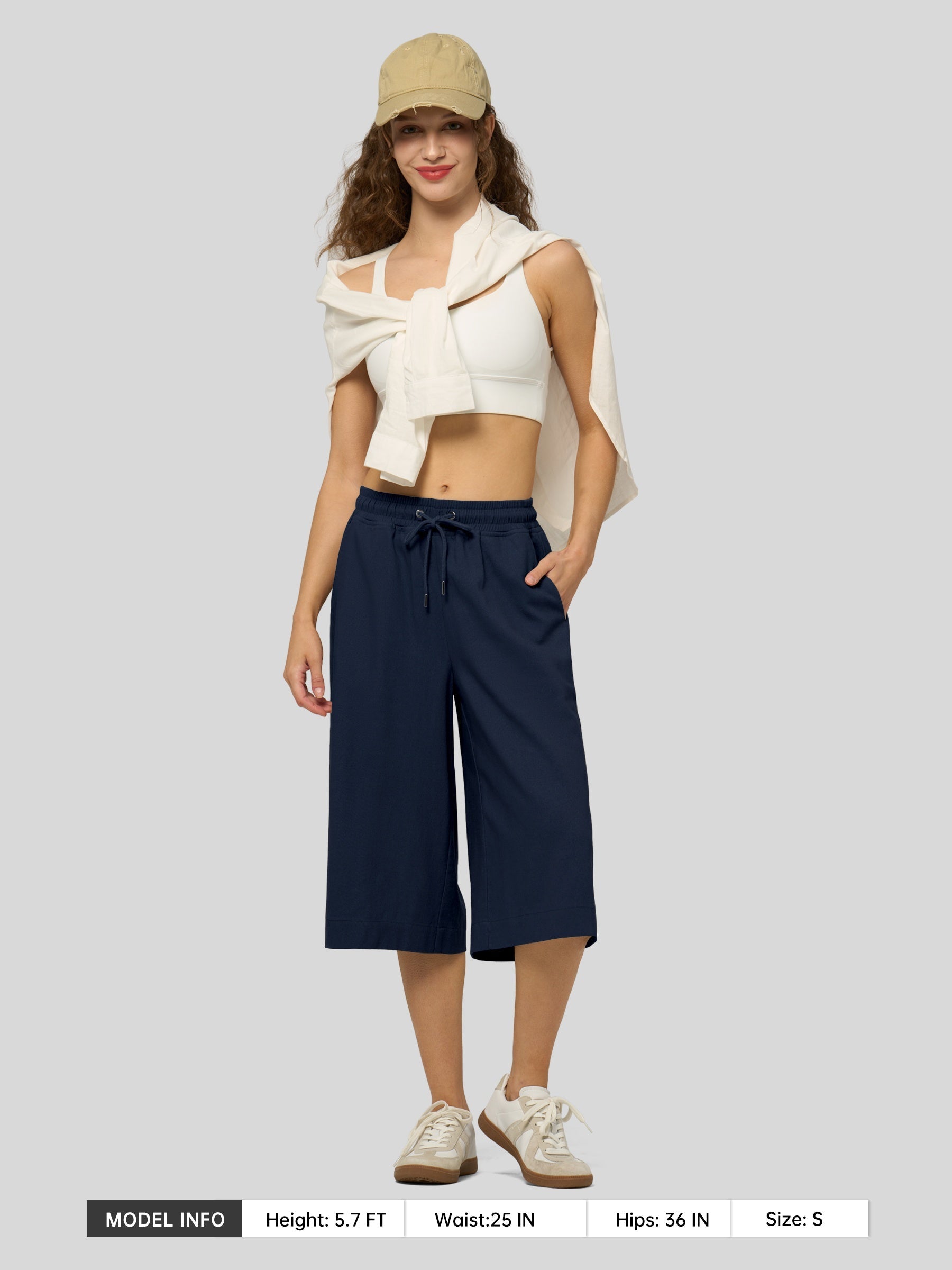 Women's Cotton Linen Easy Wide-Leg Capris