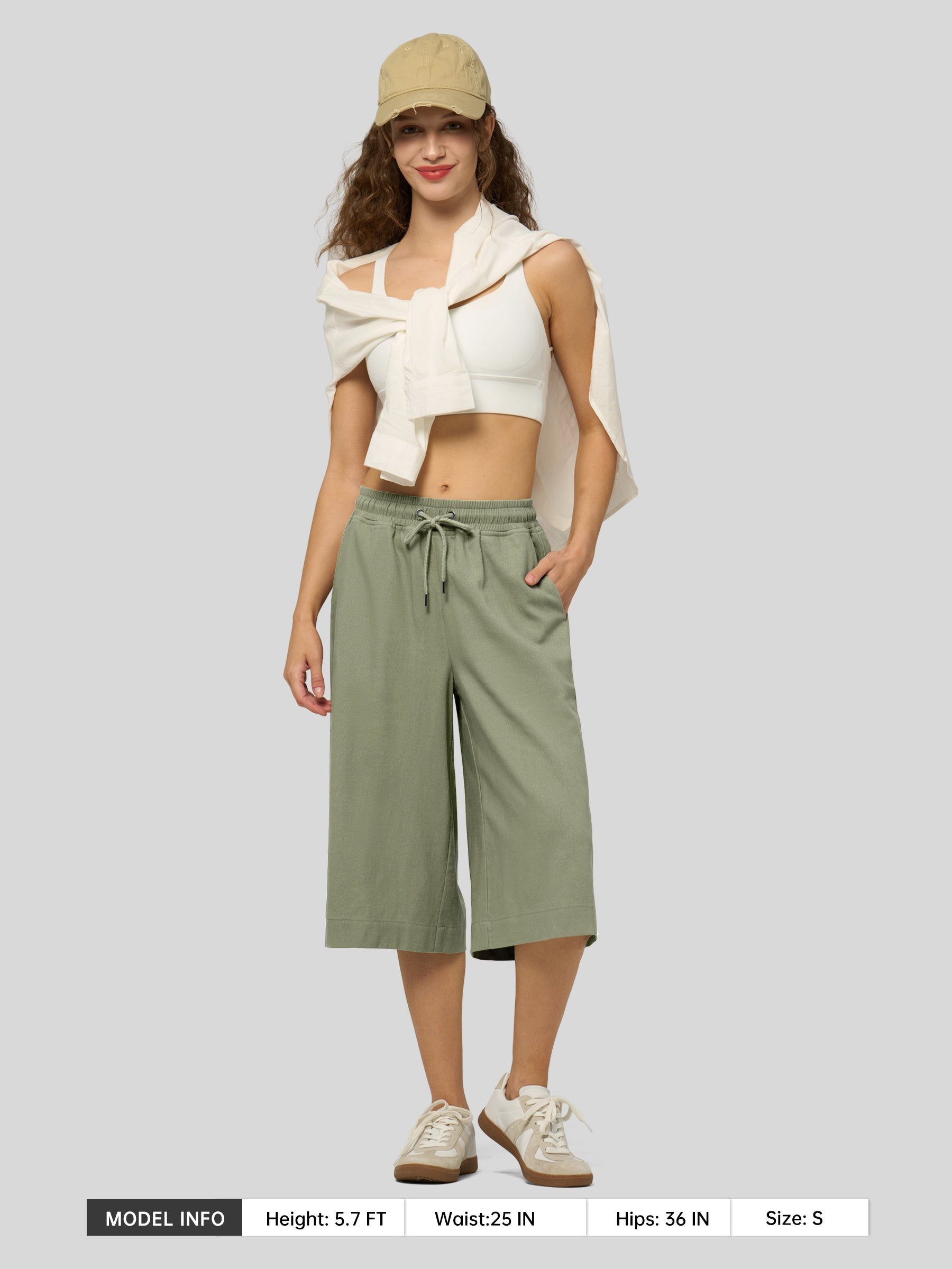 Women's Cotton Linen Easy Wide-Leg Capris