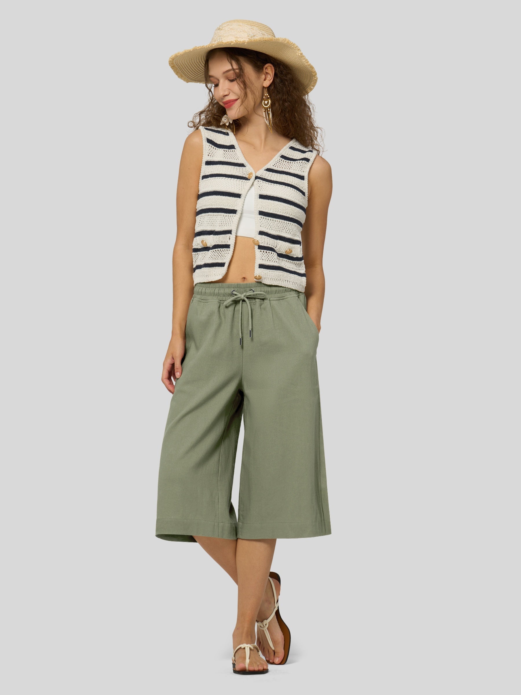 Women's Cotton Linen Easy Wide-Leg Capris