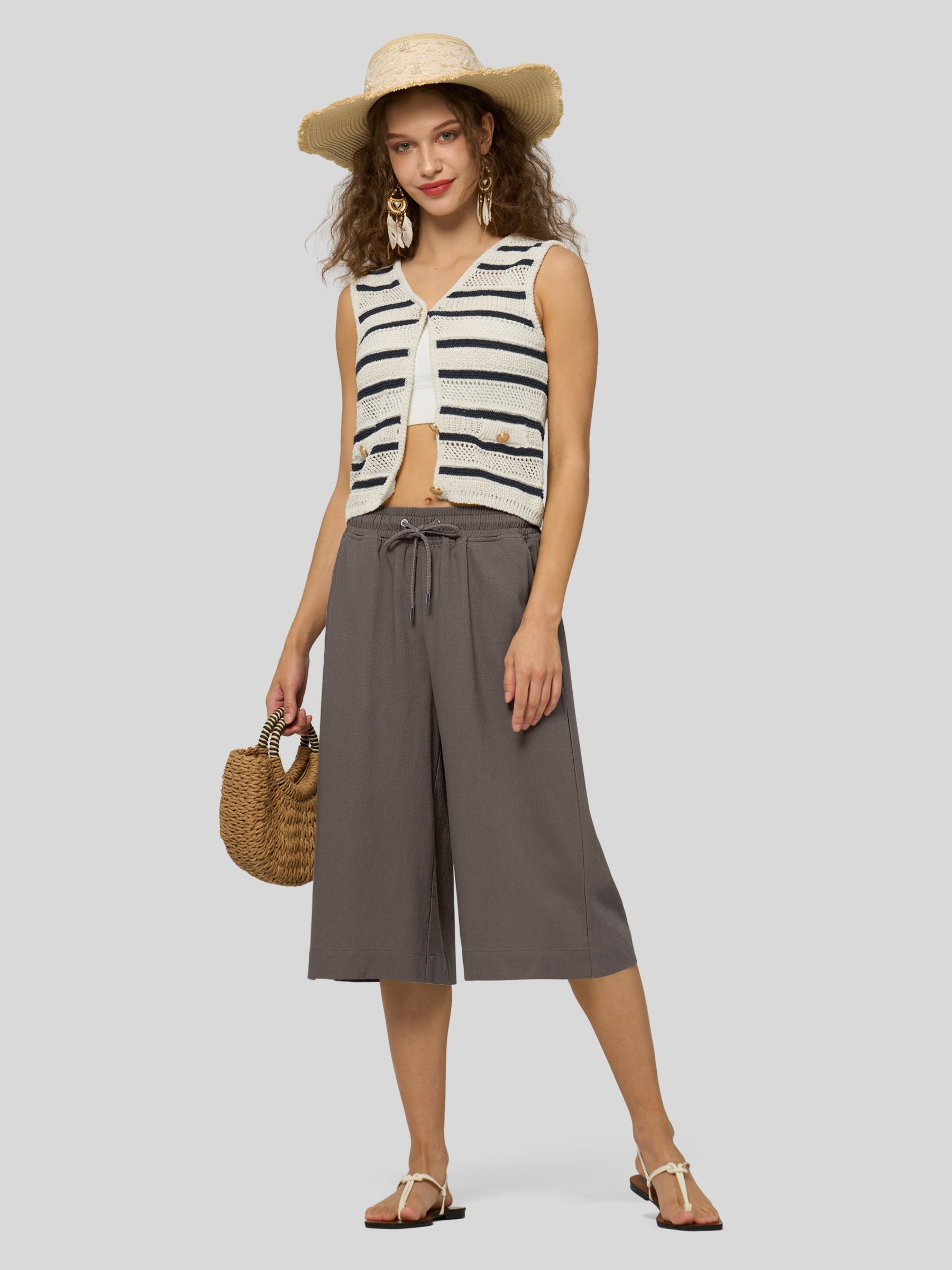 Women's Cotton Linen Easy Wide-Leg Capris